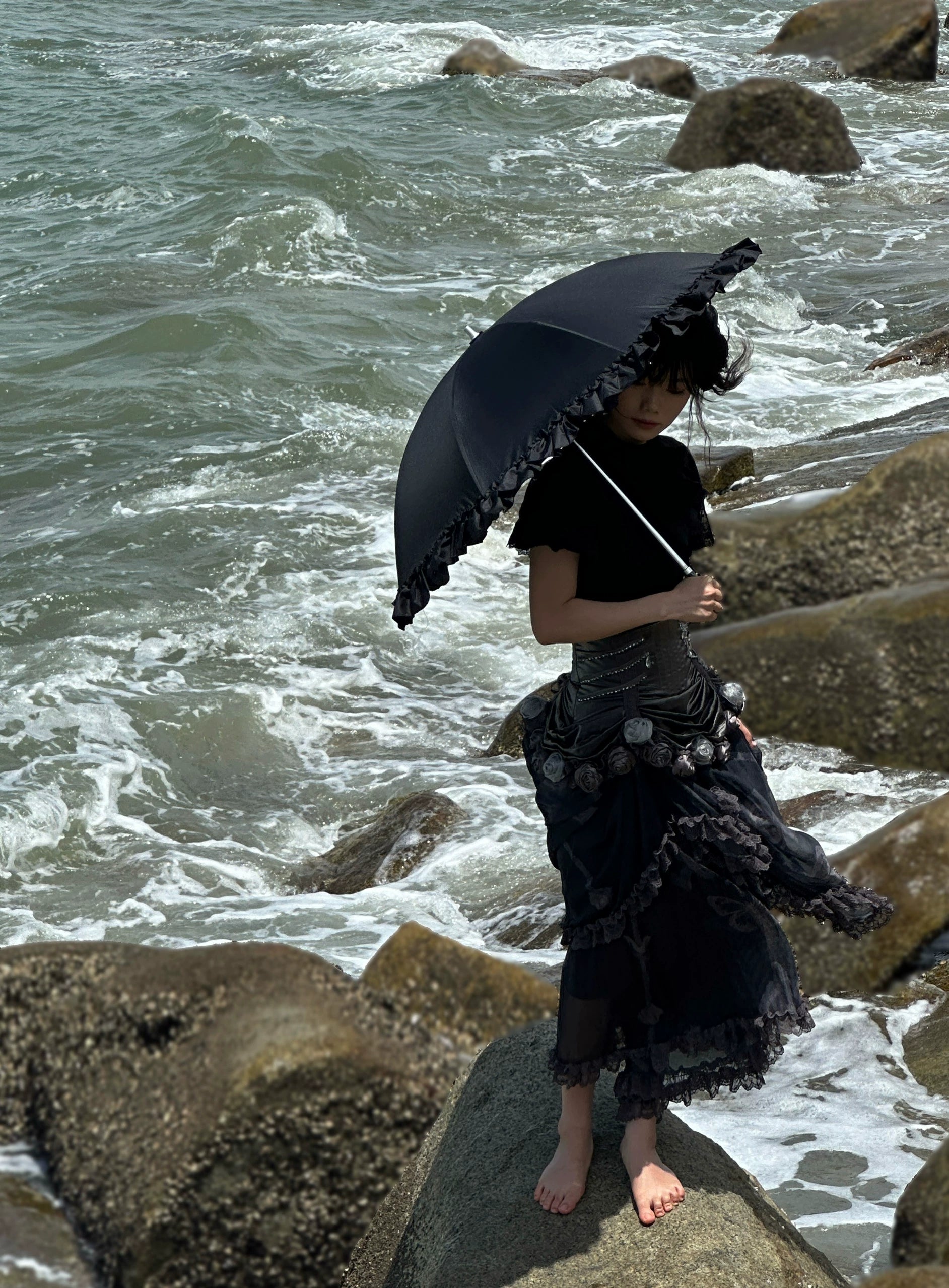 Foldable Lolita Parasol, Layered Ruffle & Window Print Style 45734:860794
