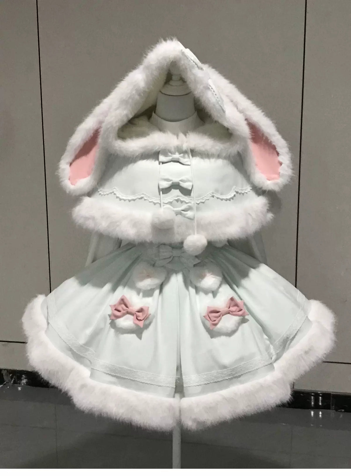 Sweet Dream Bunny - Sweet Lolita Cape & JSK Dress Set, Faux Fur Bunny Ear