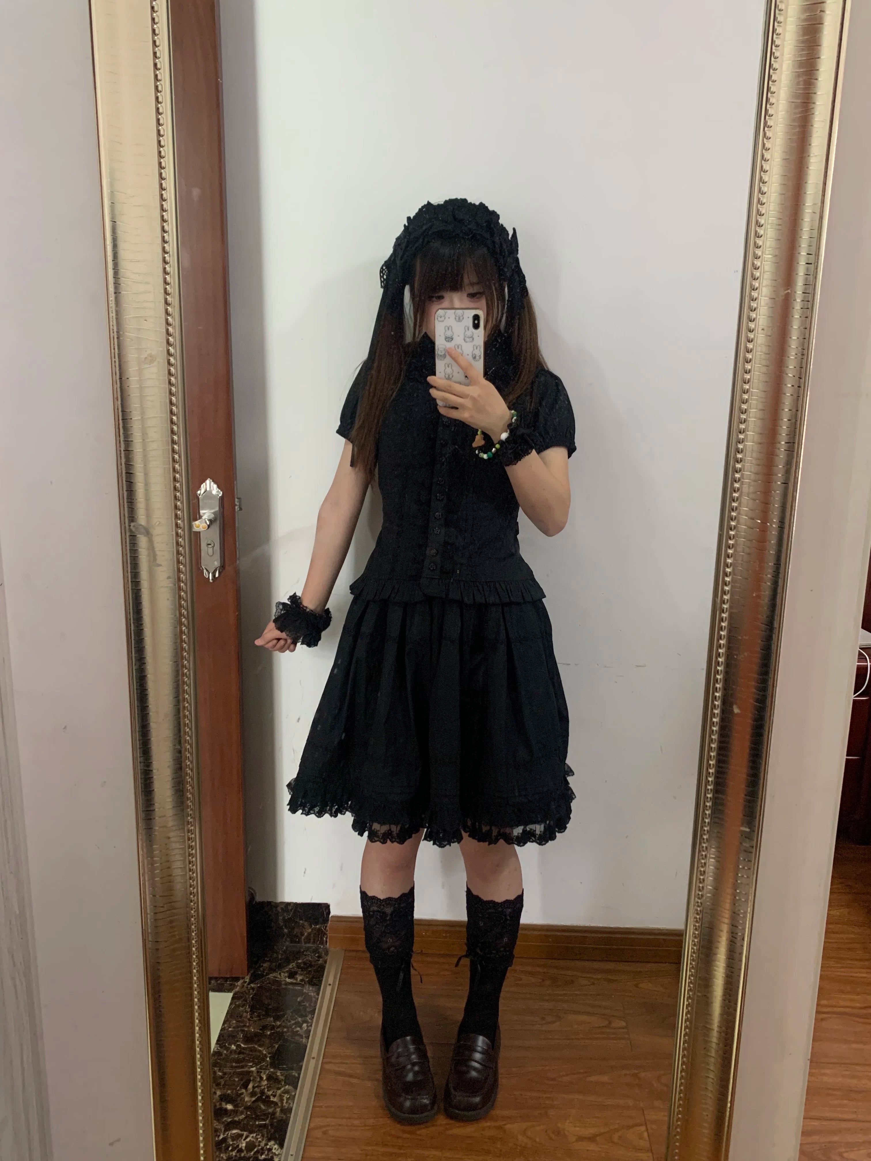 Sugar Heart Rose - Cotton Old School Lolita SK with Ruffled Hem A Pair of Cuffs Only - Black (choose S) S