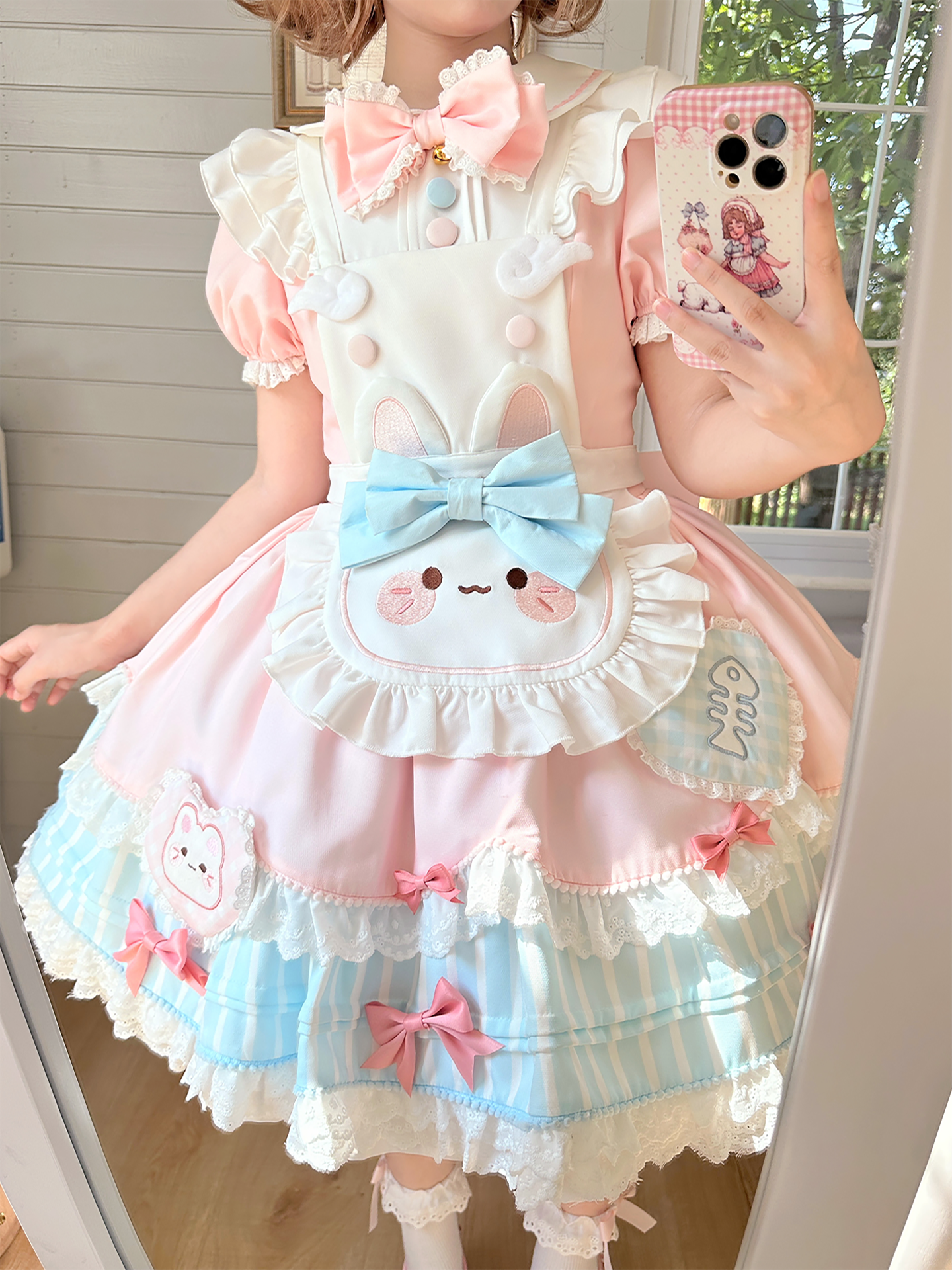Jiuli Lolita - Nine Meow Bunny - Sweet Lolita Bunny Apron OP Dress, Back Zipper 44098:795711