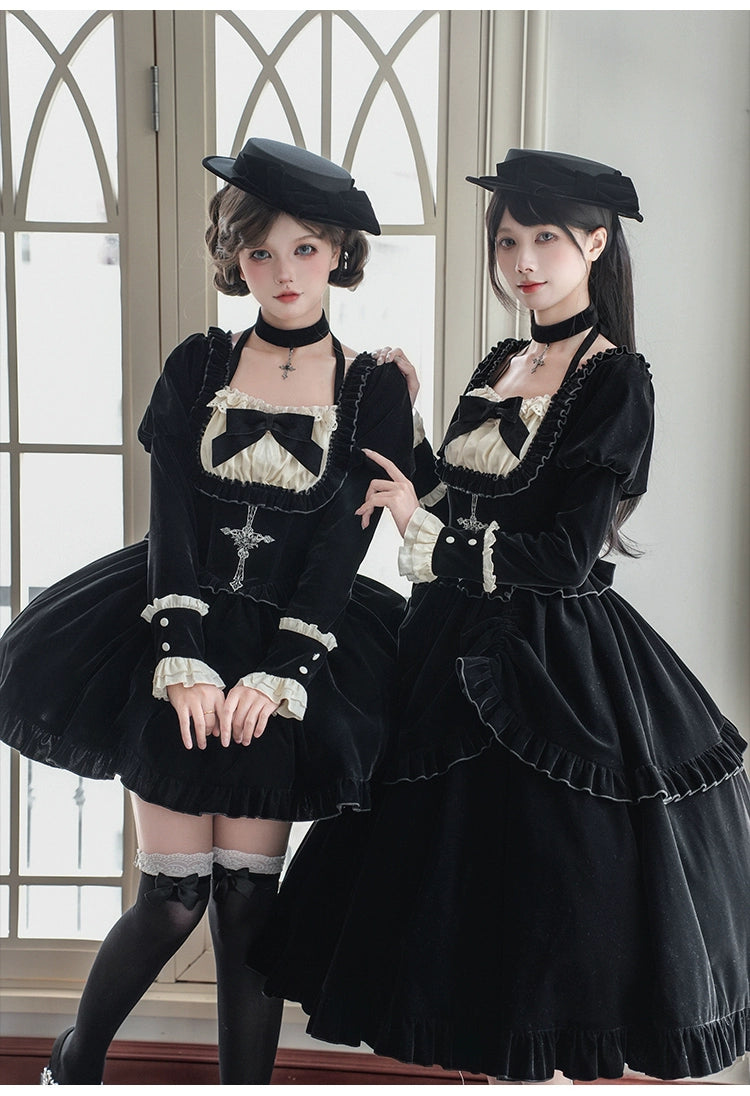 With PUJI - Apocalypse - Gothic Lolita Velvet OP Dress Set, Fishbone Waist 44128:797092