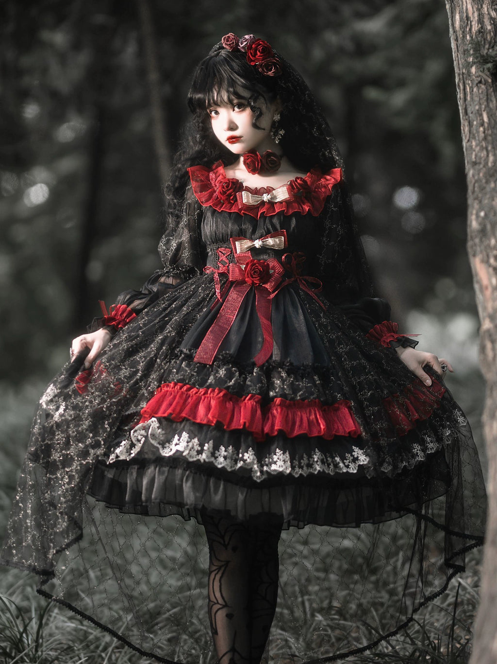 Black and Red Gothic Lolita OP Dress, Floral Accent