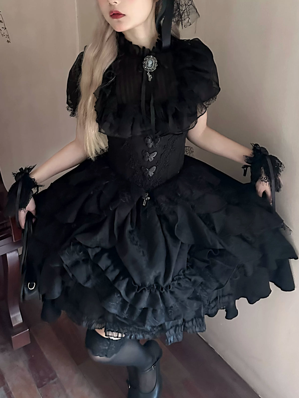 Mistshroud Manor - Gothic Lolita Blouse & Boned Waist SK, Drawstring Lift-up Hem 45909:867536