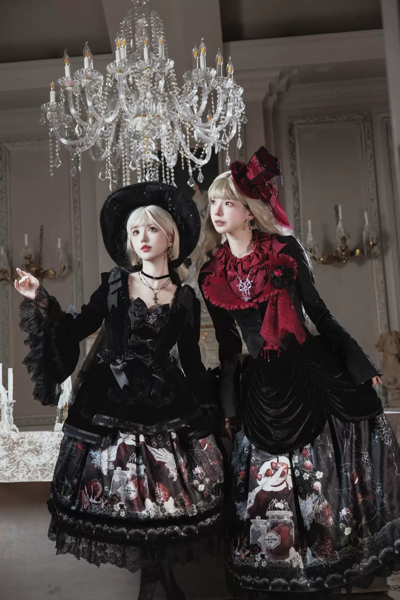 Monster Strawberry Hunt - Gothic Lolita Strawberry Printed Velvet Dress Set 45737:859858