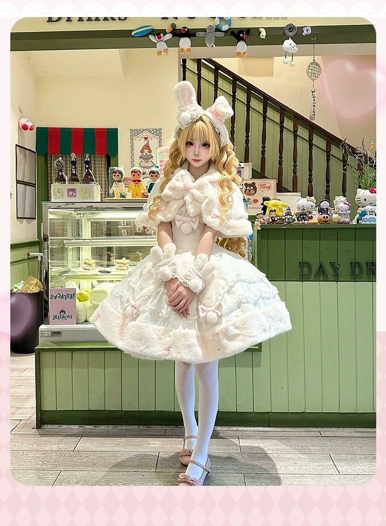 Mengfuzi - Bunny Mochi - Winter Doll-like Sweet Lolita Cape Dress Set 44099:797417