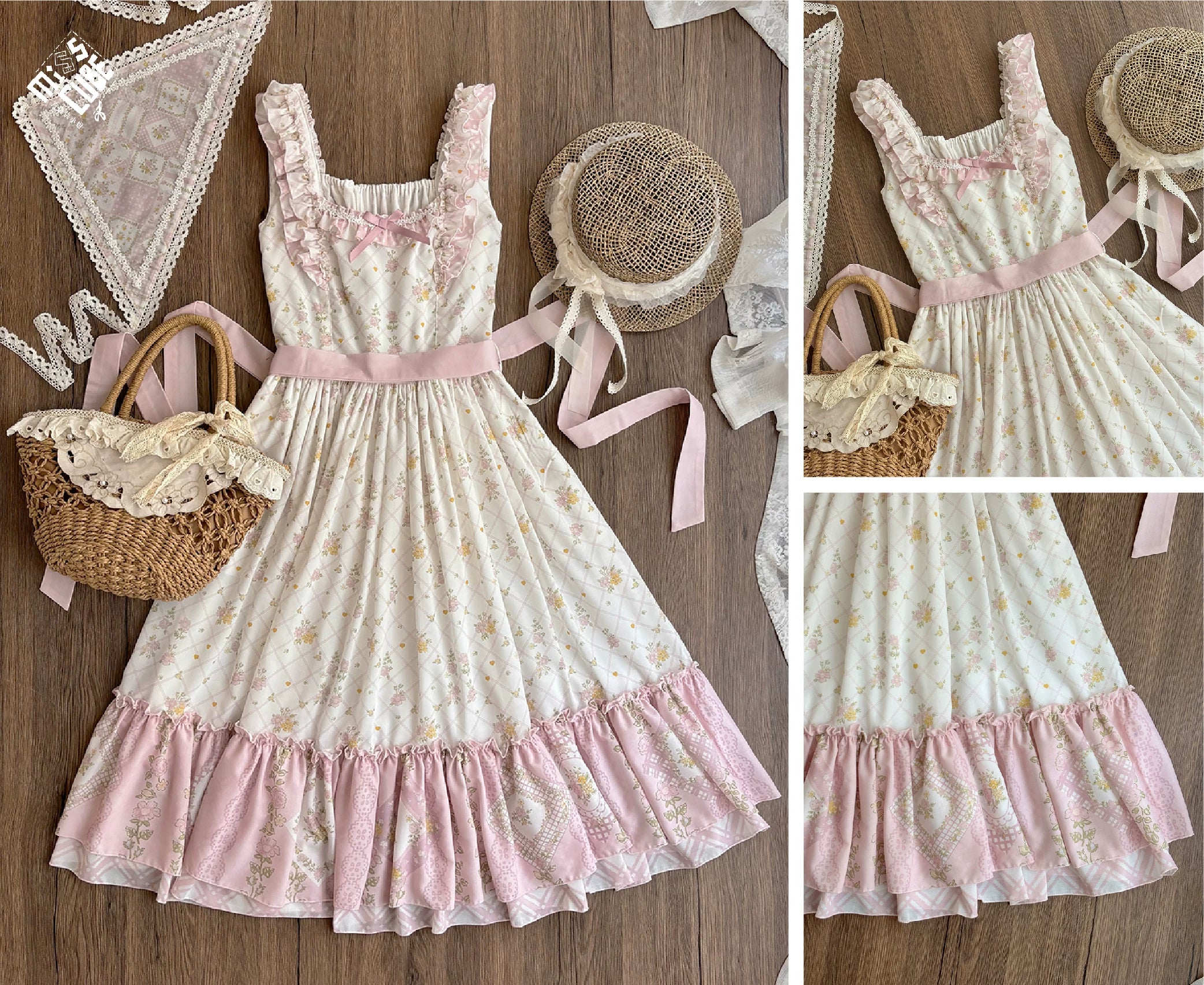 Patchwork Garden 2.0 - Classic Lolita Floral Print JSK Dress, Side Pockets Pink JSK Only (with waist tie) XS