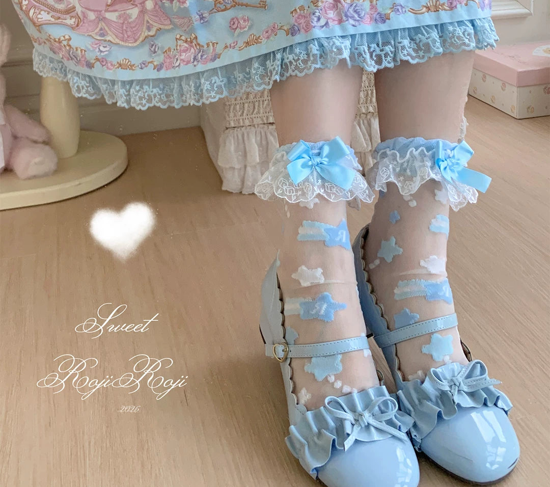 Sweet Lolita Star Embroidered Socks with Colorful Satin Bow 45610:855324