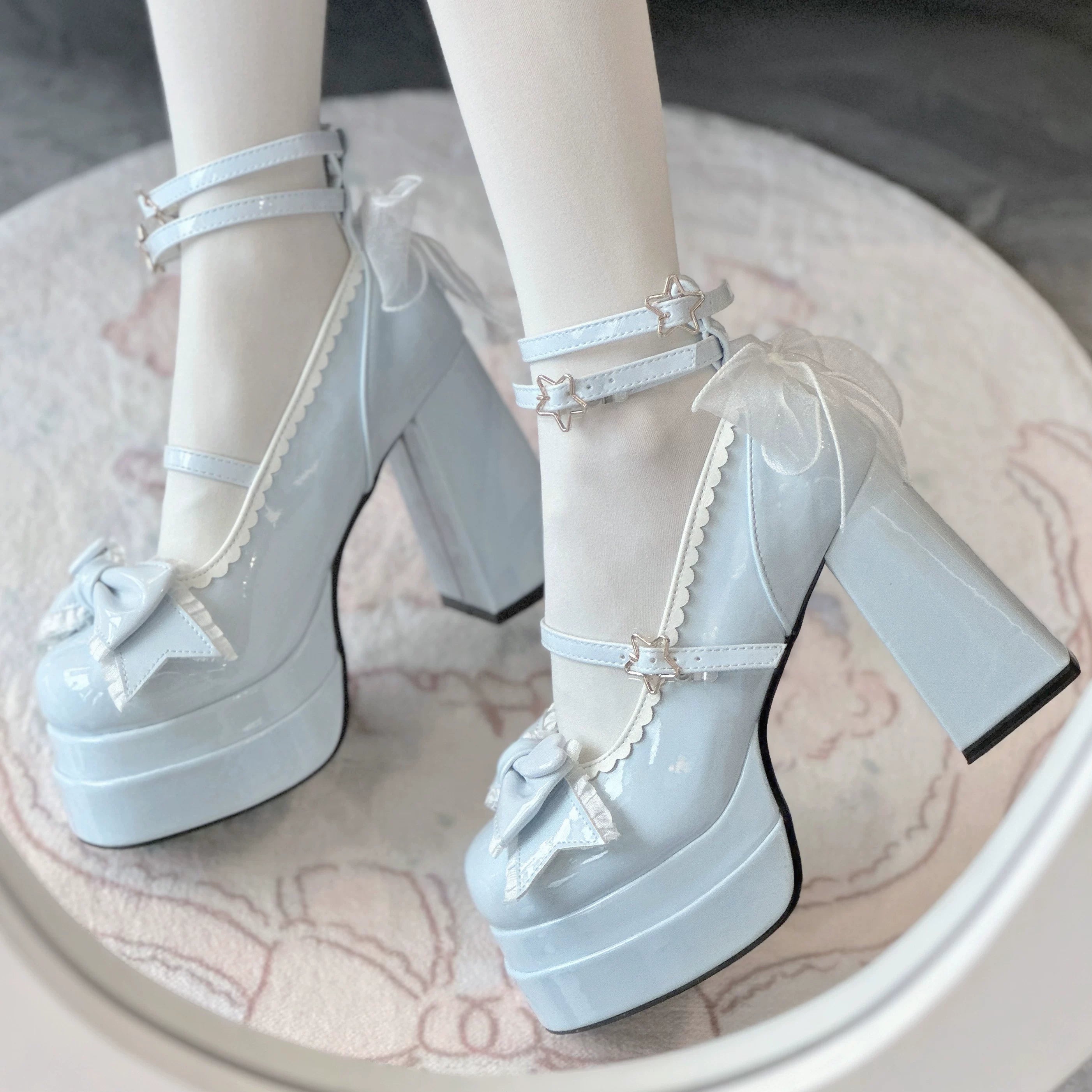 Puff Party - Elegant Lolita Chunky Heel Shoes, Bow & Straps Blue - PU Version 34