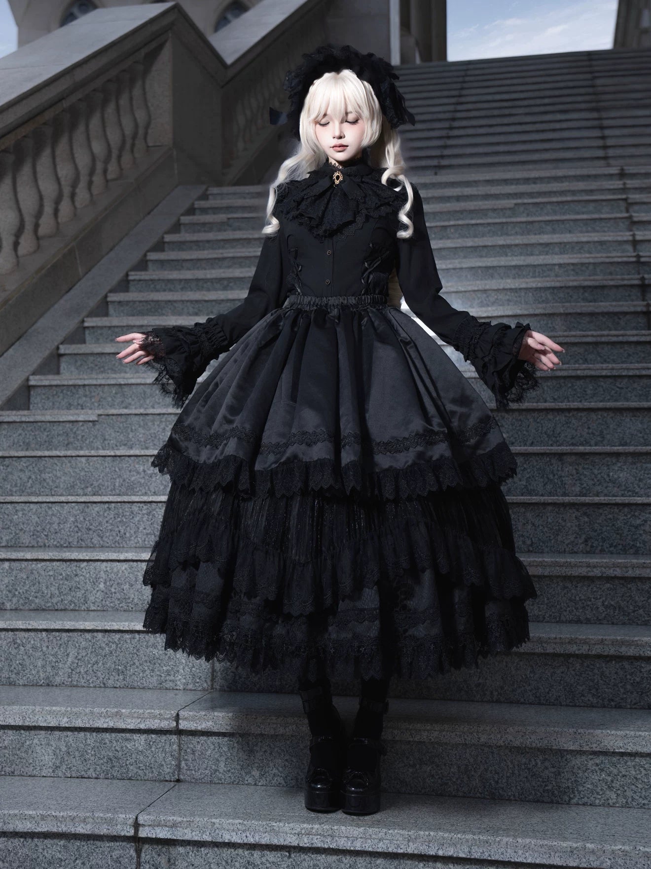 Broken Winged Bat - Gothic Lolita Shirt & SK Set, Bat-wing Shaped Hem 44706:824142