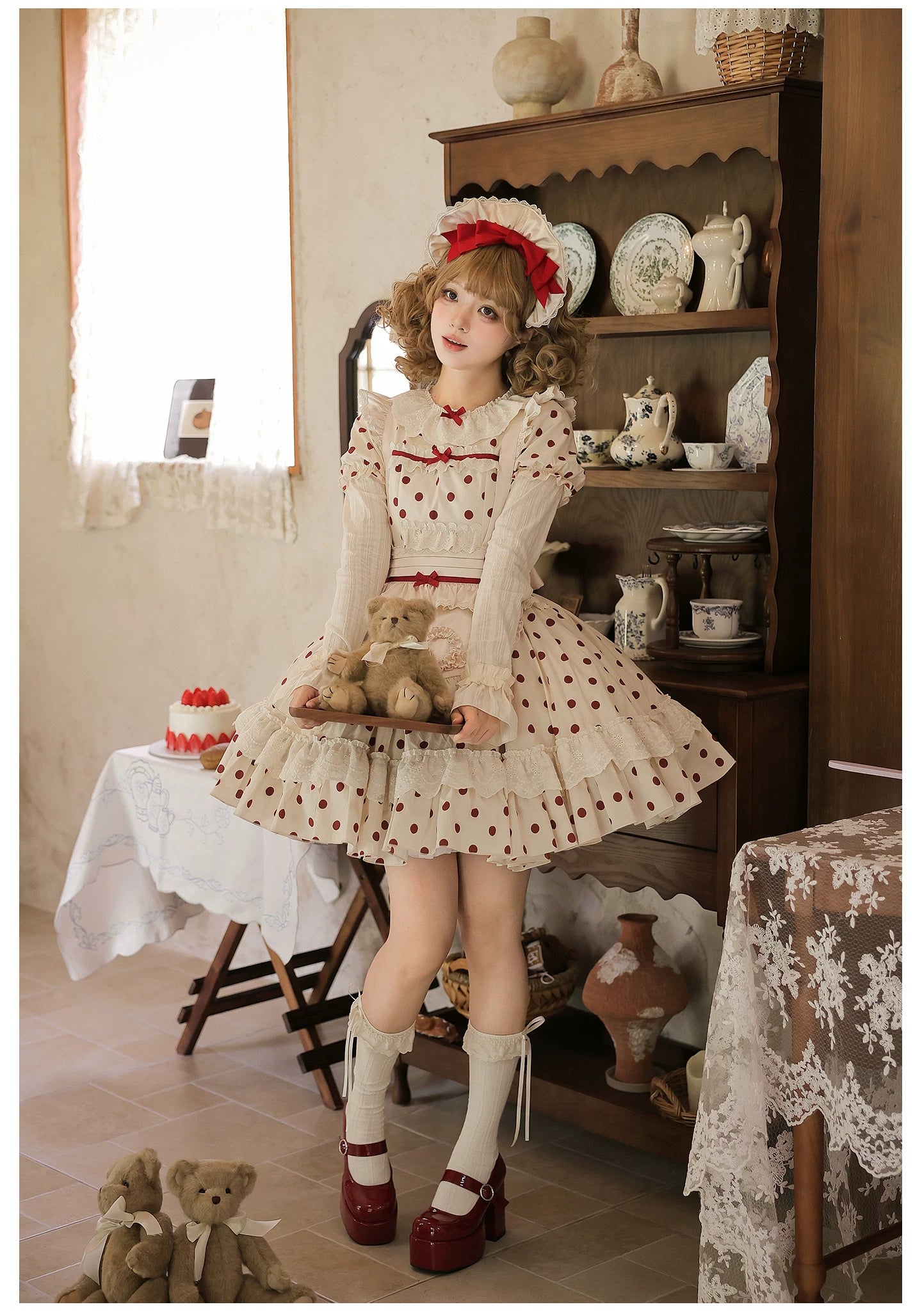 Polka Dot Lollipop - Cotton Old School Lolita Polka Dot OP Dress 45768:861522