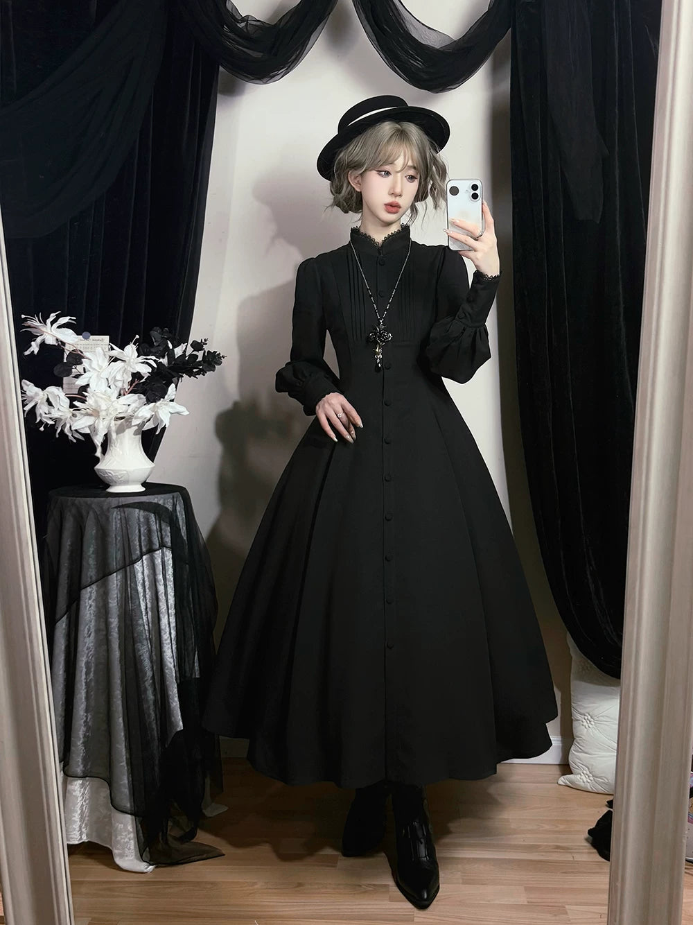 Astrea - Black Classic Lolita Long OP Dress, Side Pockets