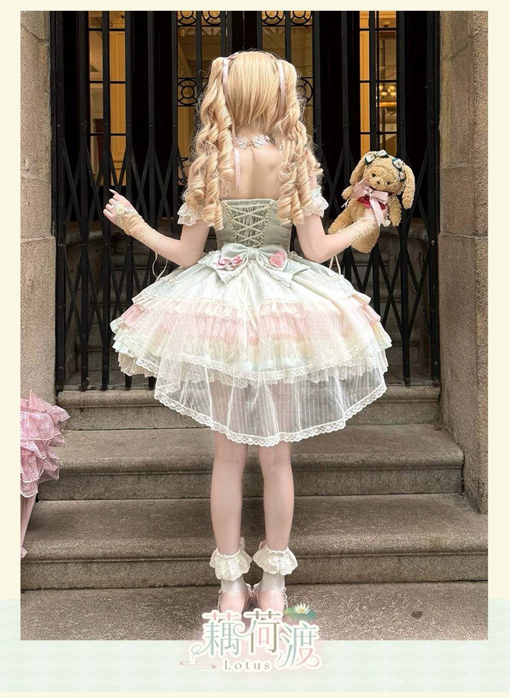 Lotus Crossing - Sweet Lolita Tiered Hem JSK Dress with Satin Bow 45302:844773