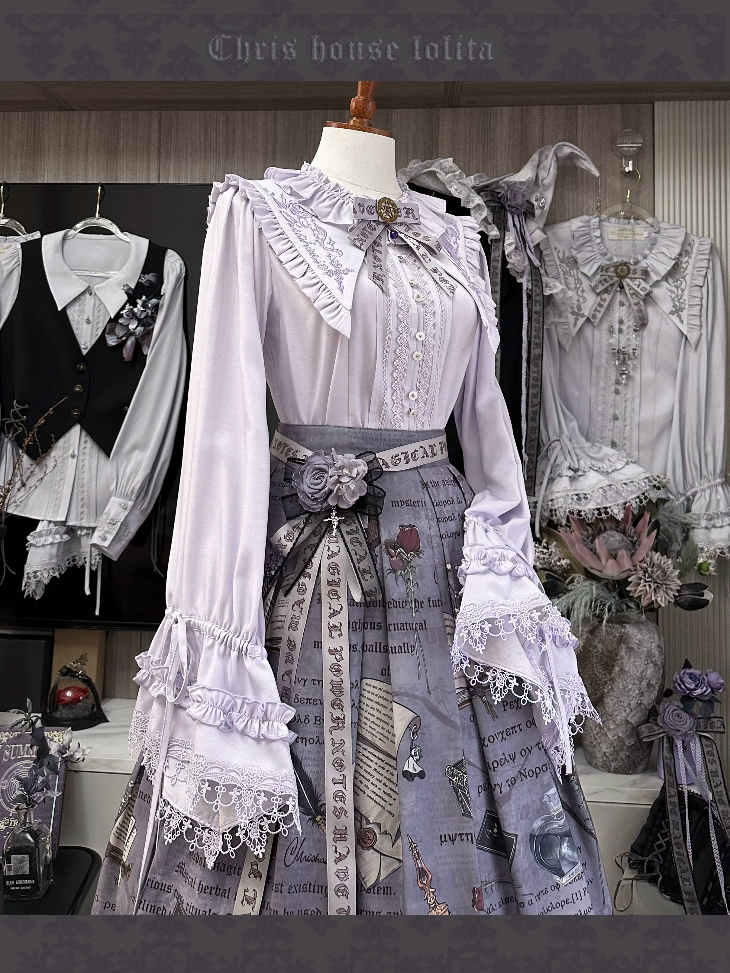 Chris House Lolita - Witch Notes - Gothic Loliat Embroidered Dress Suit, Cross and Rose Print 44096:795007