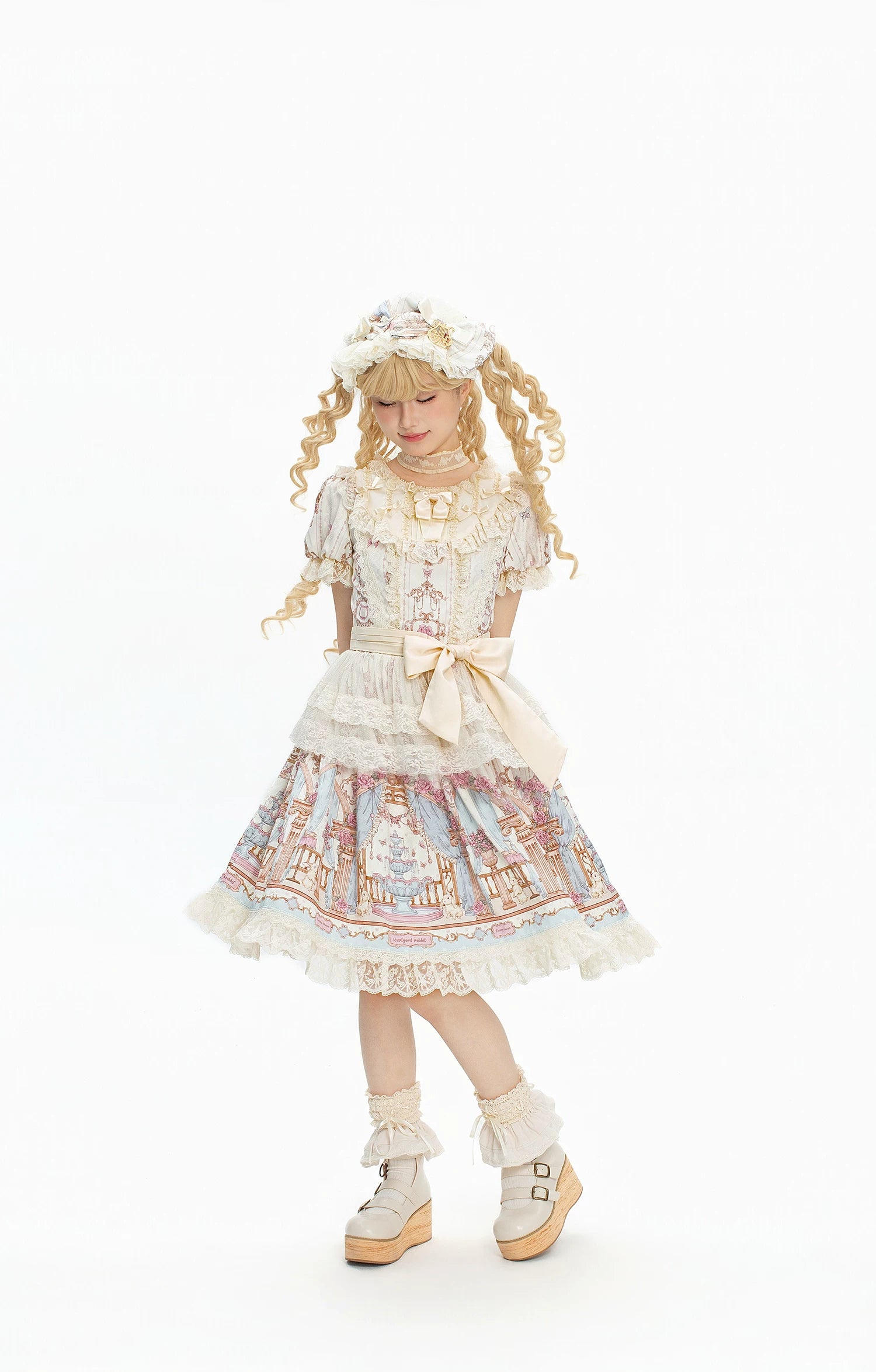 Wandering Rabbit's Palace - Doll-like Classic Lolita Palace Print OP Dress with Lace