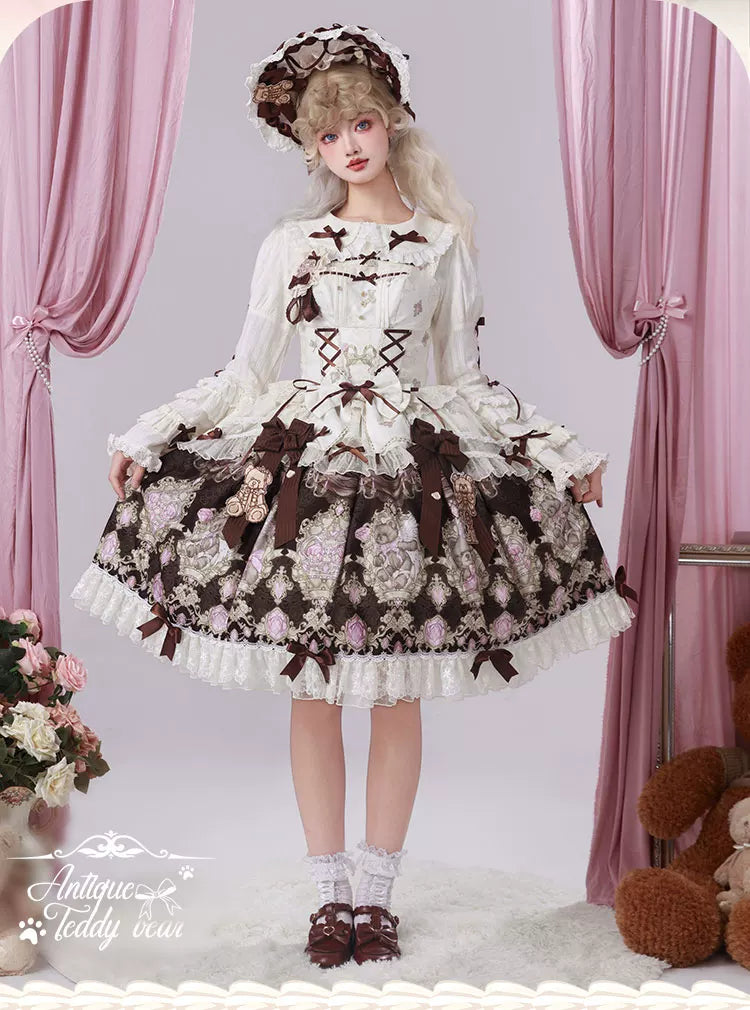 Antique Teddy Bear - Classic Lolita Printed JSK Dress with Ribbon Bows 45538:853250