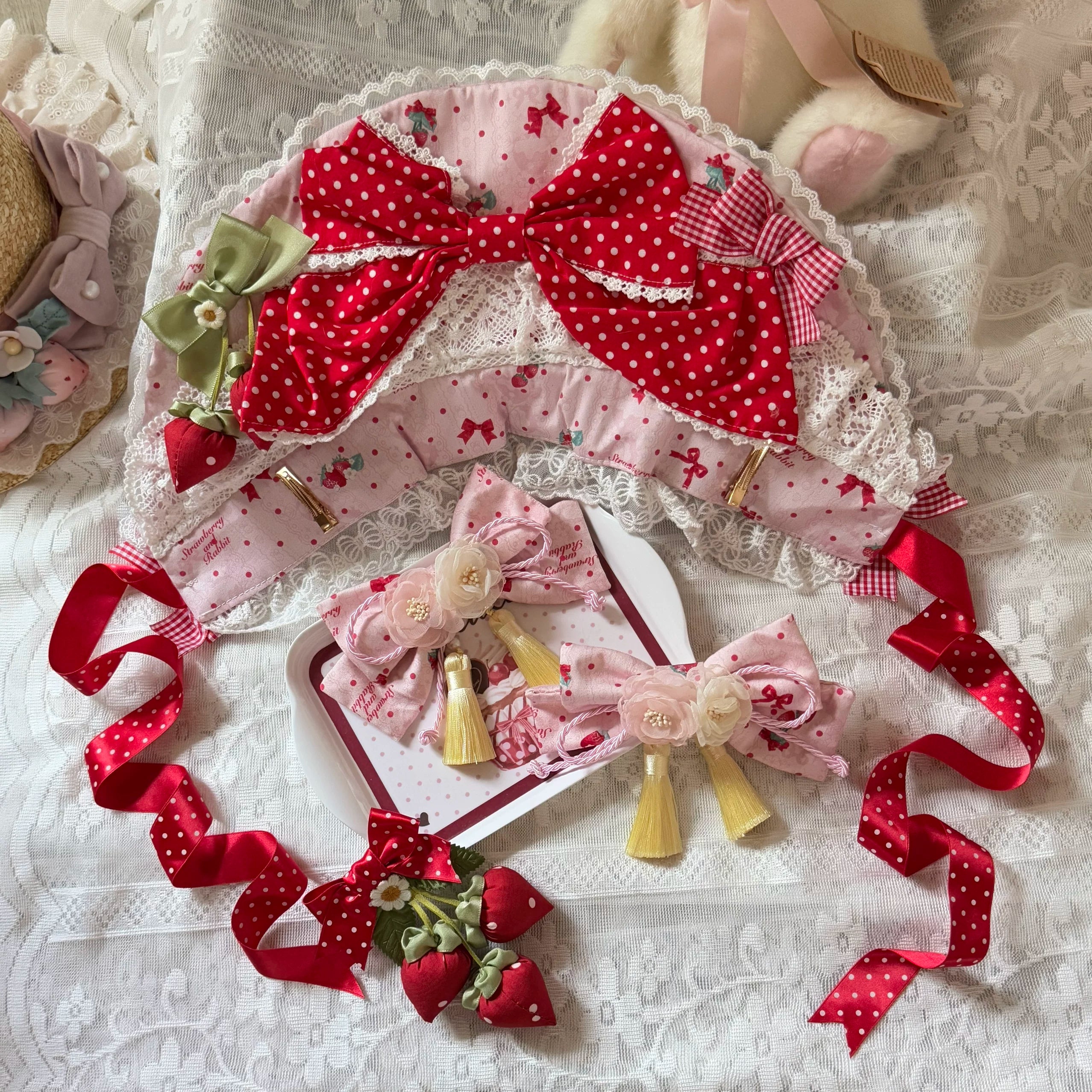 Strawberry Plaid Bunny - Printed Sweet Lolita JSK Dress, Hime Sleeve Blouse Pink One Size BNT Only