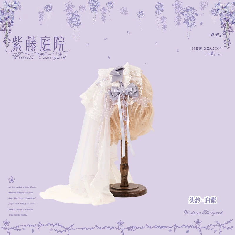Wisteria Courtyard - Dreamy Purple Brooch and Headdress, Wisteria Accent White and Purple - Head Veil Only One Size