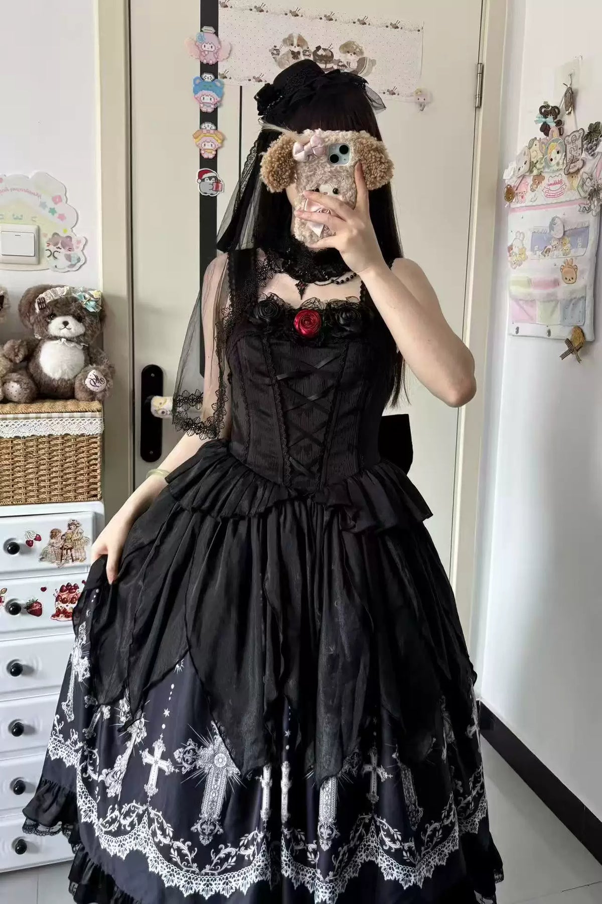 Star Remains Prayer - Elegant Gothic Lolita JSK & OP Dress Set, Cross & Moon Prints 46014:872483