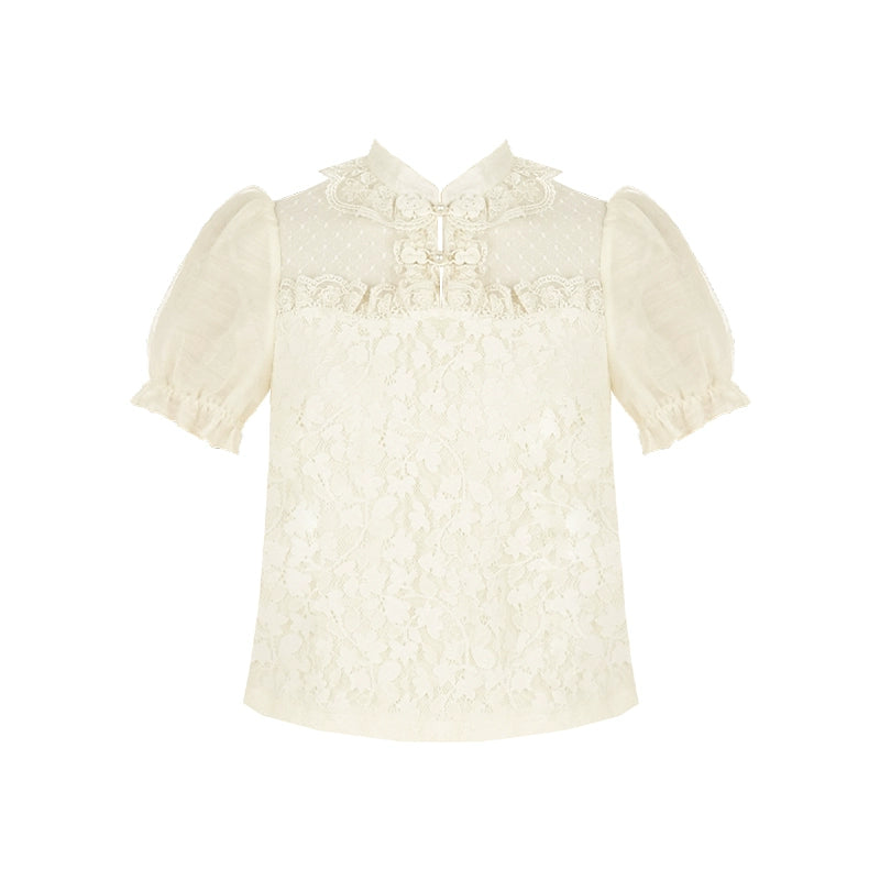 With PUJI - Moon Gauze - Qi Lolita Blouse Chinese Style Shirt S Beige short-sleeved shirt