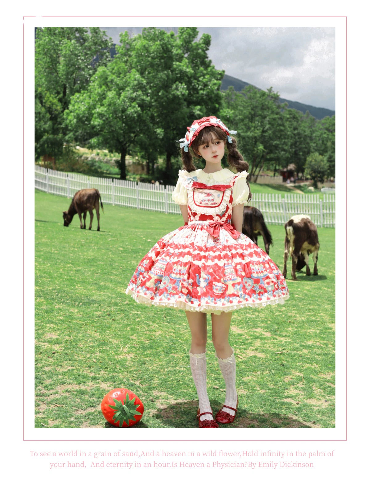 Rose Whispers - Strawberry Tata - Sweet Lolita Dress Suit With Strawberry Cake Print