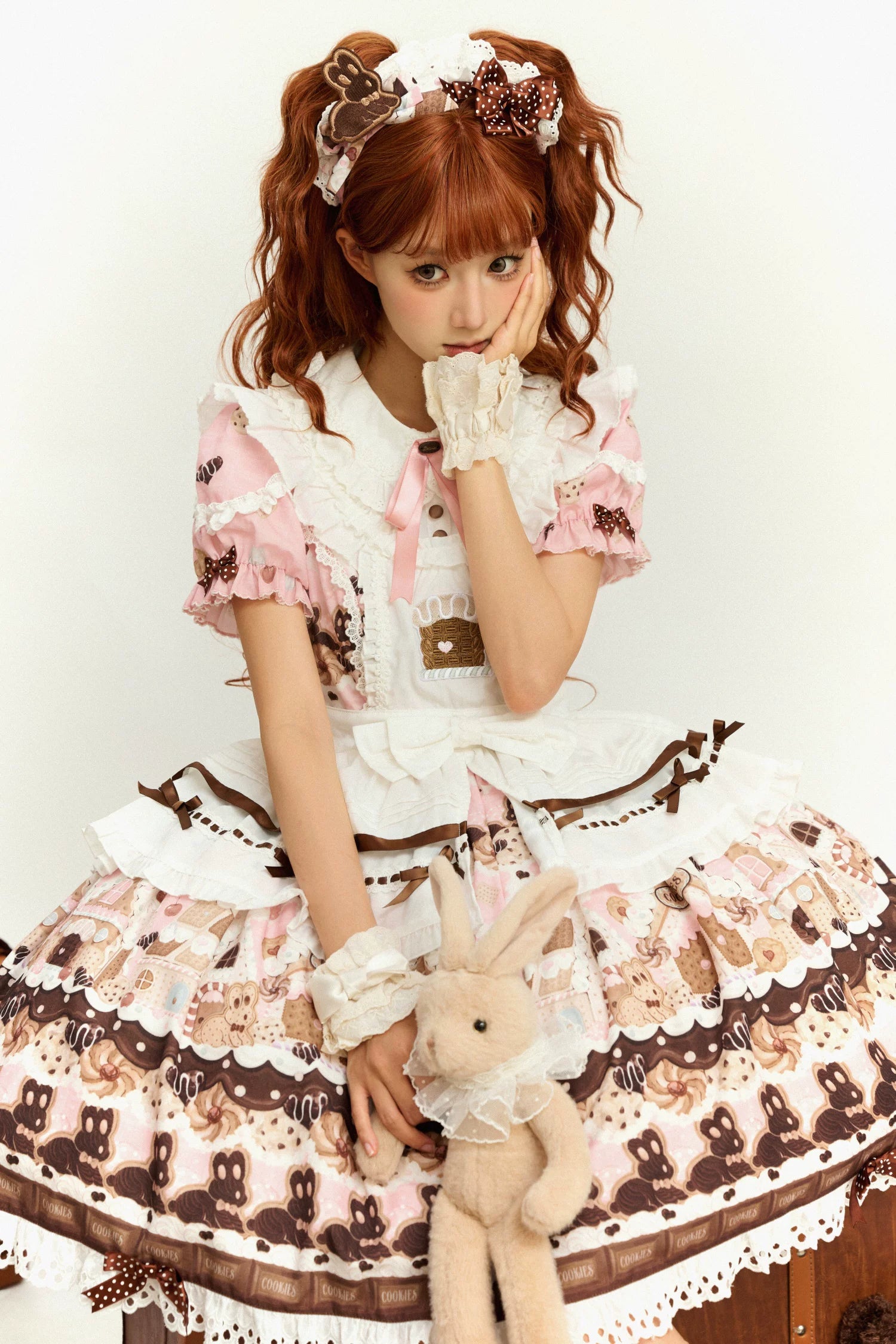 Bunny Gingerbread House - Kawaii Lolita Printed OP Dress with Bows Pink Chocolate OP + Apron S