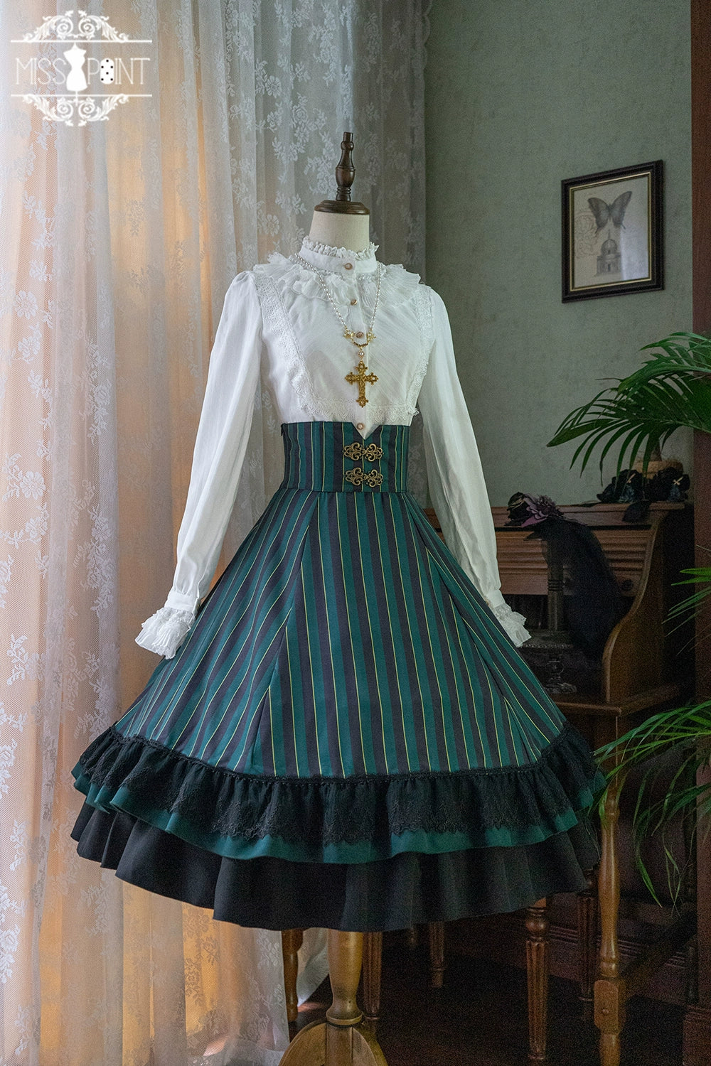 (Buyforme)Miss Point~Customized Lolita Elegant Striped High Waisted Fishbone SK 21544:313399