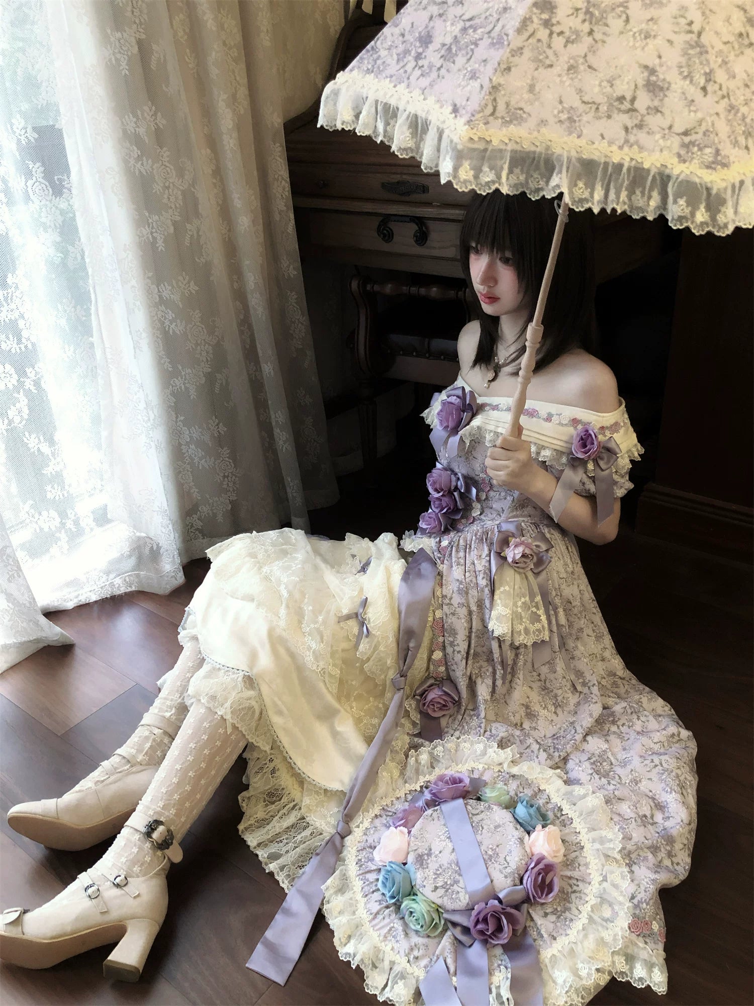 Dolota Flower Wall - Classic Lolita Floral OP Dress, Open Shoulder 44485:811150