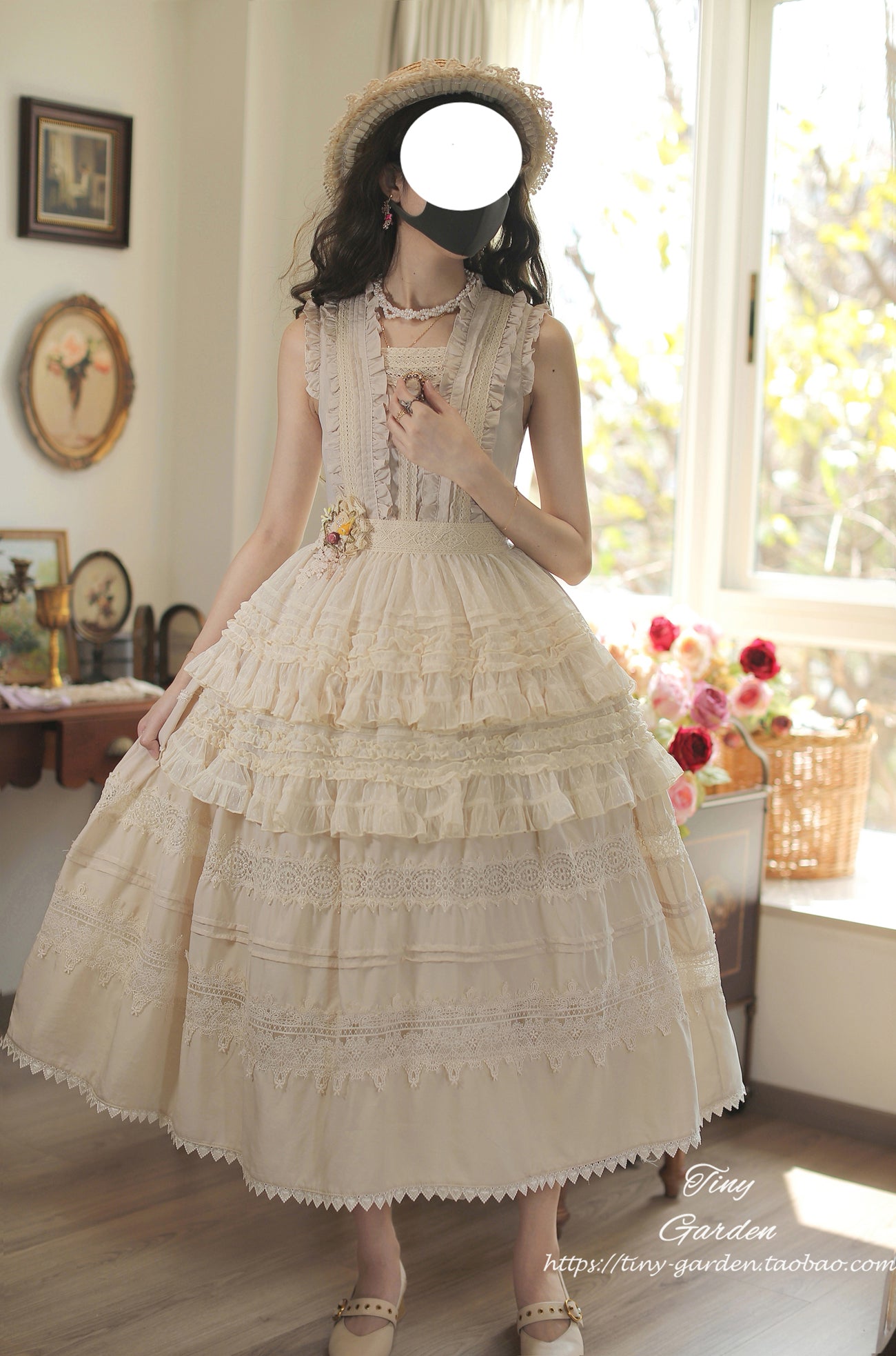 Tiny Garden~Spring Whisper~Solid Color Classic Lolita JSK Dress with Tulle Apron 42655:748131
