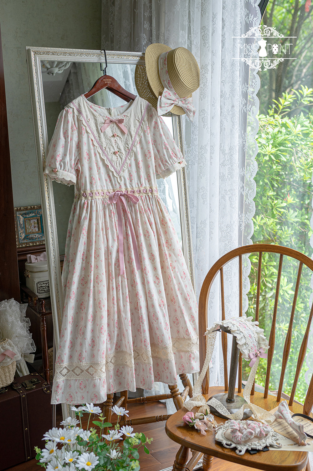 Miss Point - Happy Summer Elegant Lolita Floral OP Dress XS pink mirror long OP