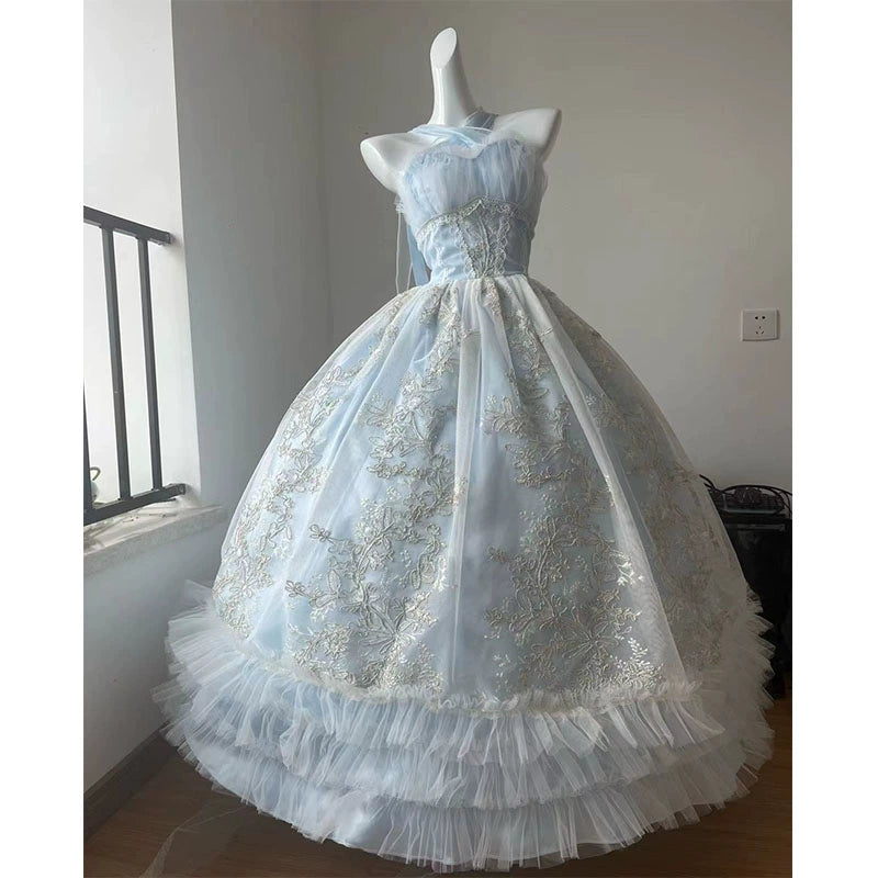 Daydream Whisper - Endless Summer - Bridal Wedding Lolita JSK Open-Back Dress Blue - long dress only (without overlay) S
