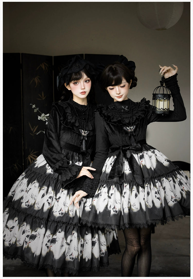 With PUJI - Dead Leaf Butterfly - Gothic Lolita JSK & OP Dress Set, Butterfly Print 44346:805398