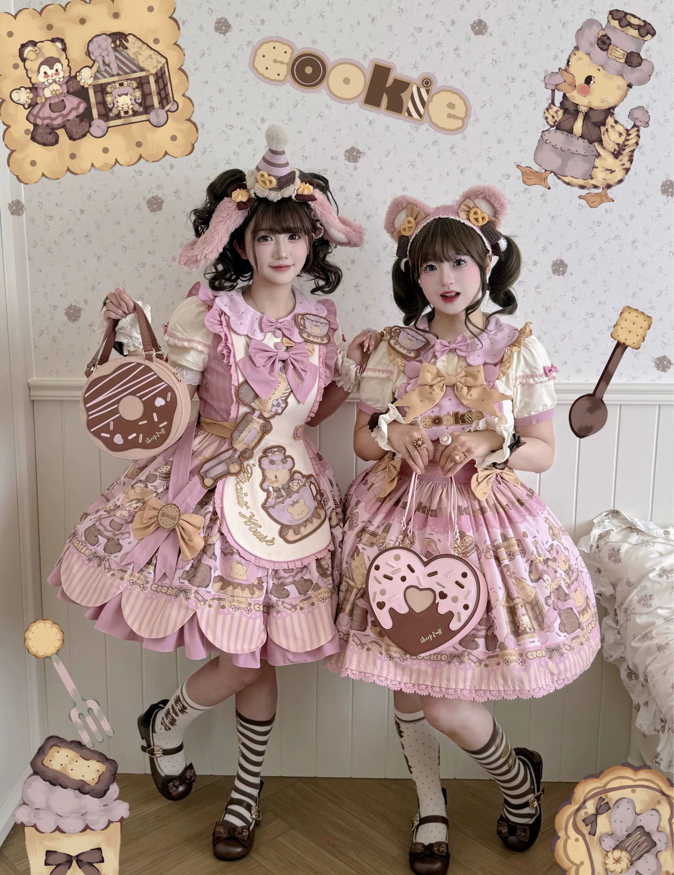 Bear Biscuit SP - Kawaii Lolita Bear Printed Dress Set with Bows
