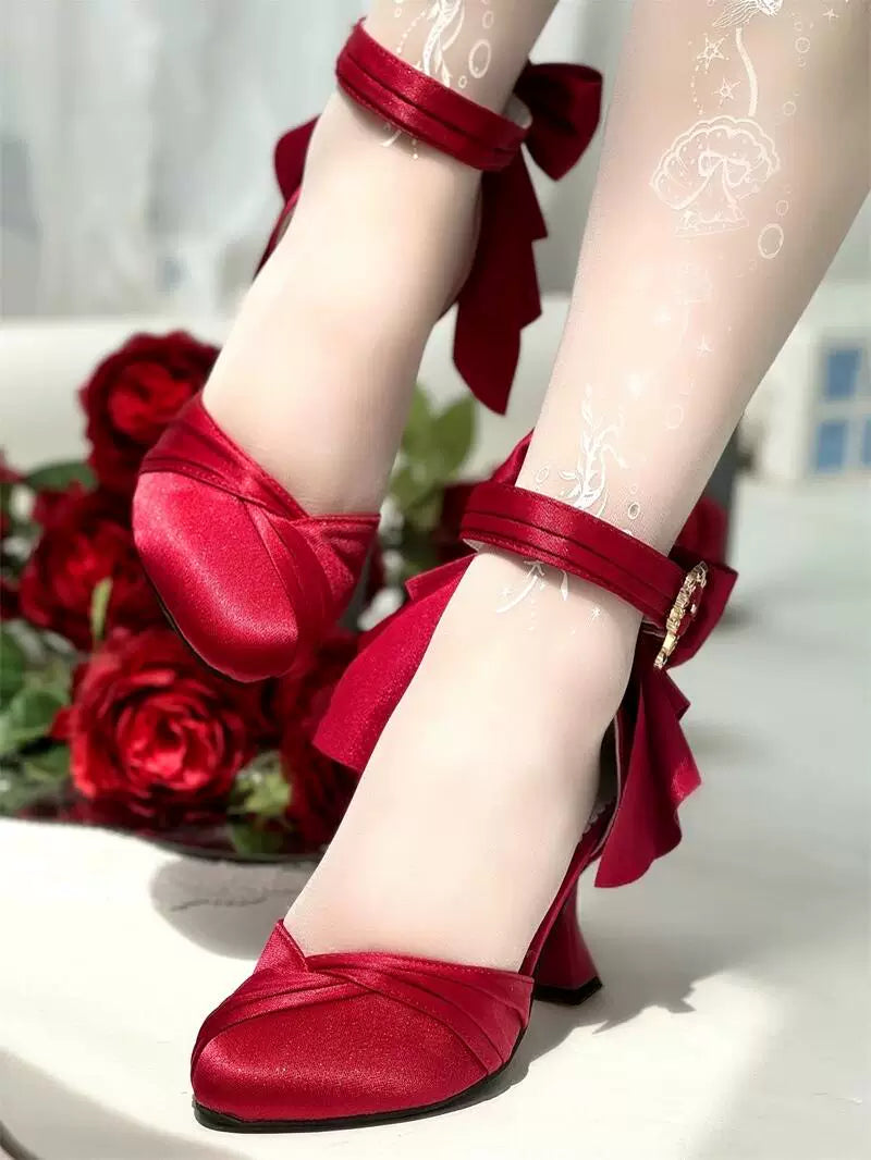 Coronation - Classic Lolita Wine Glass Shaped Heels Shoes, Detachable Bow Burgundy 34