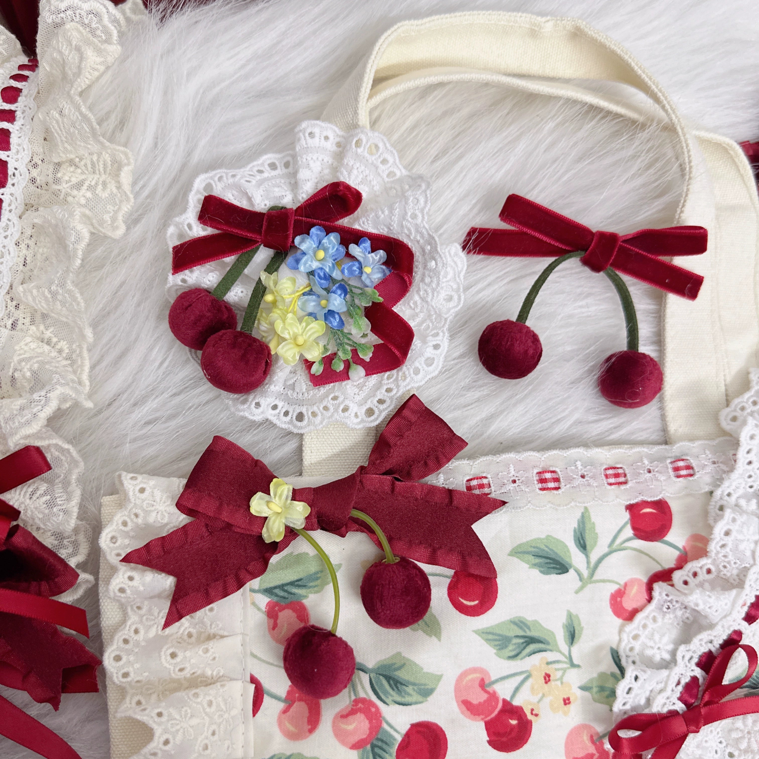 Chestnut Lolita - Sweet Lolita Headdress Cherry Hair Clip Straw Hat Necklace Handmade Set