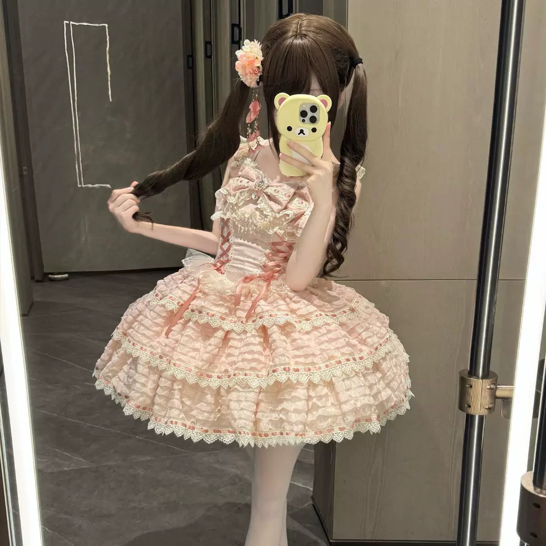 Floral Elegy - Sweet Lolita JSK Dress, Tiered Hem Pink JSK S