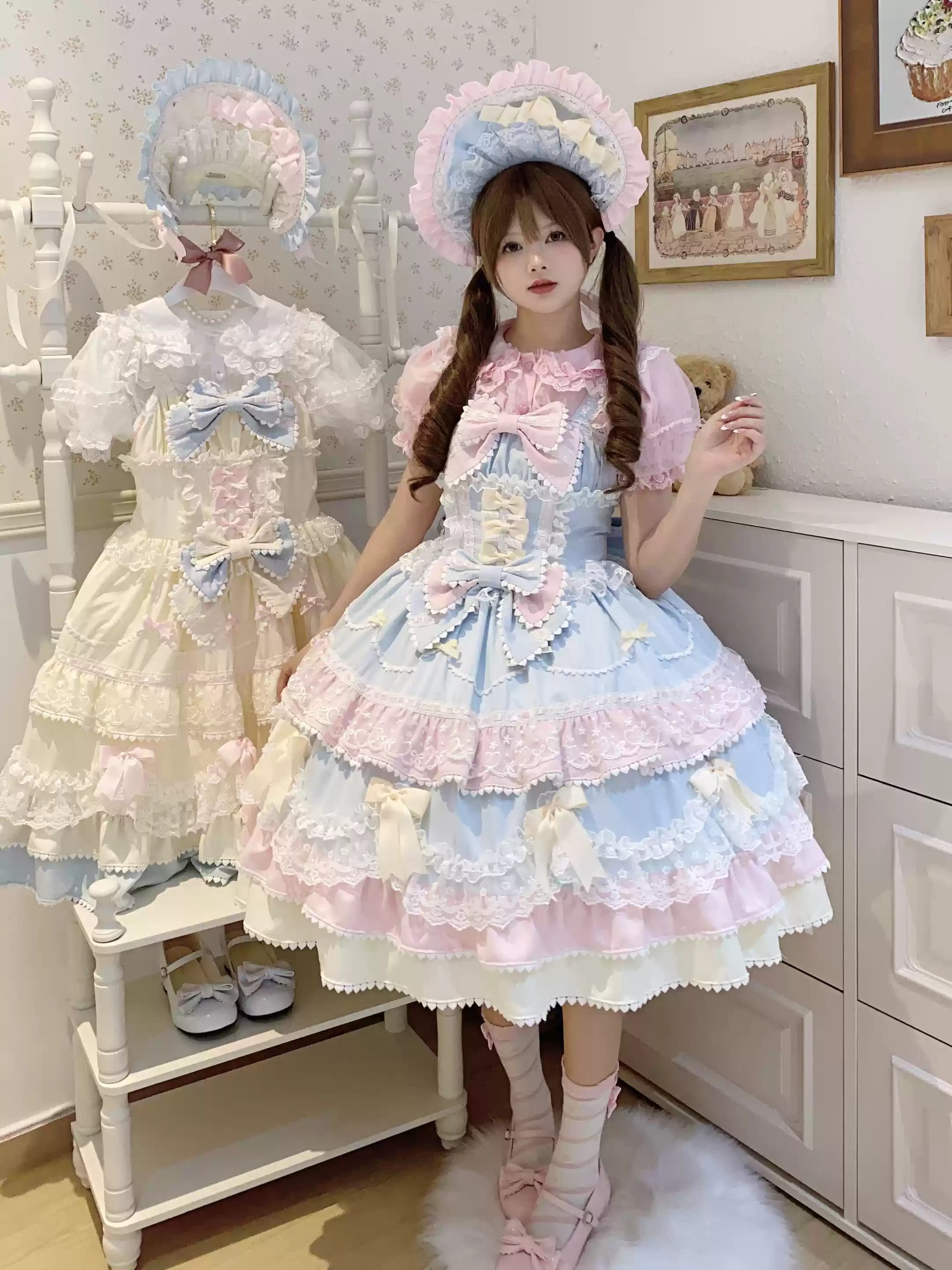 Sugar Girl - Fondant Cake - Summer Sweet Lolita JSK Dress, Tiered Ruffles and Bows Blue-Pink JSK + Blue-Pink BNT S
