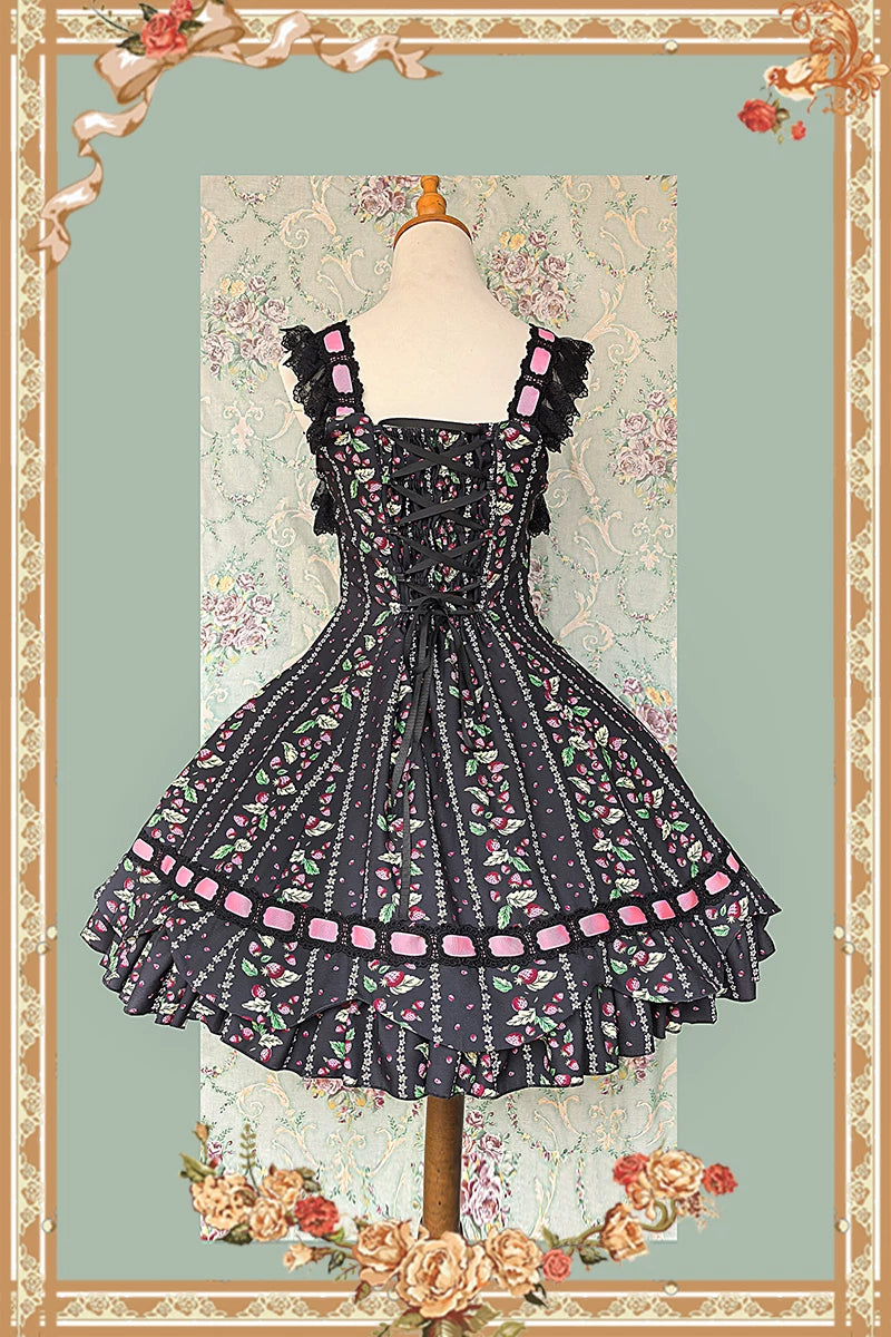 Berries & Strawberry - Old School Lolita JSK Dress Set, Strawberry Print 46097:874965