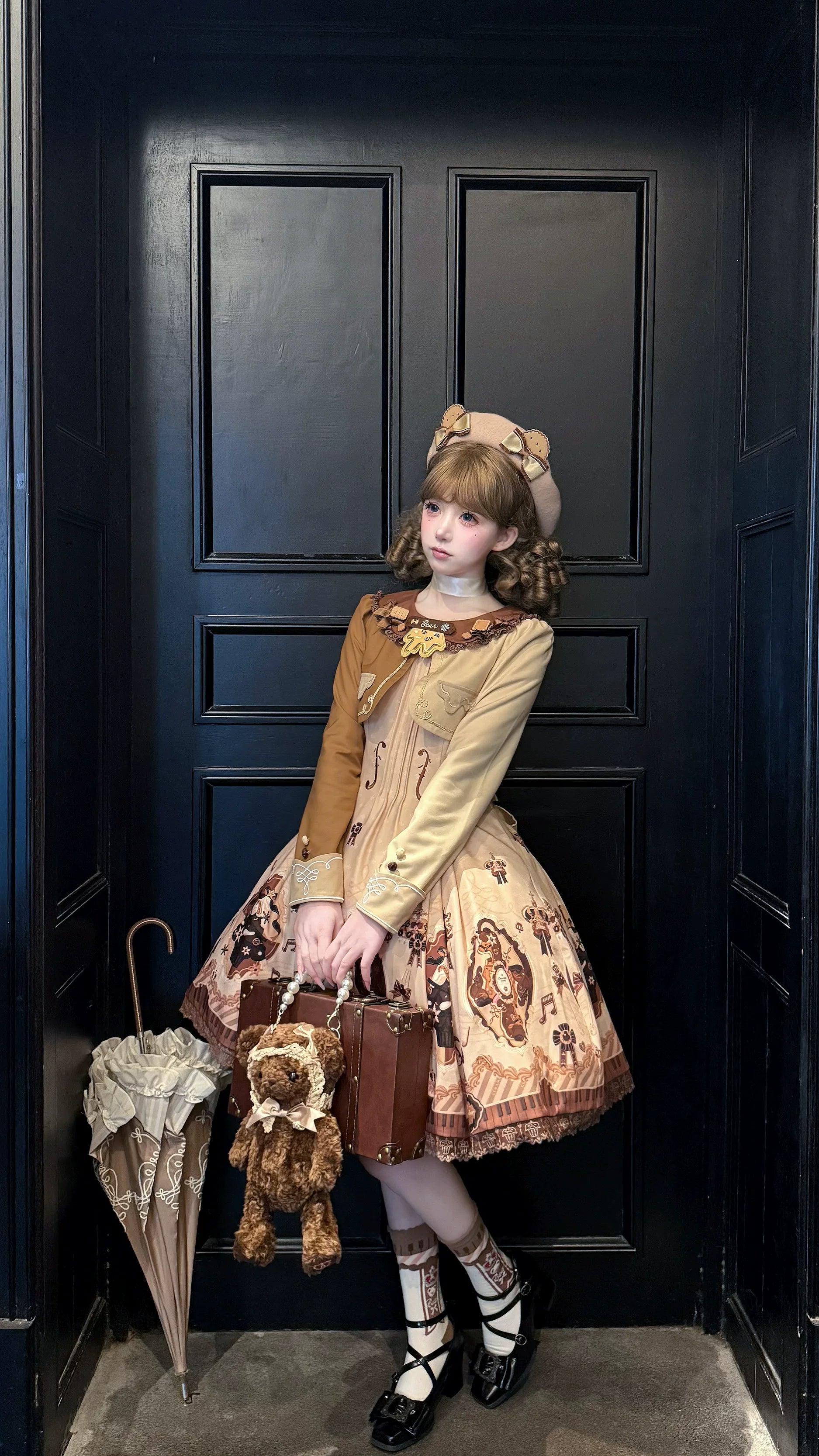 Cream Bear - Print Kawaii Lolita Fake Two-Piece OP, A-lined JSK Dress 44502:811675