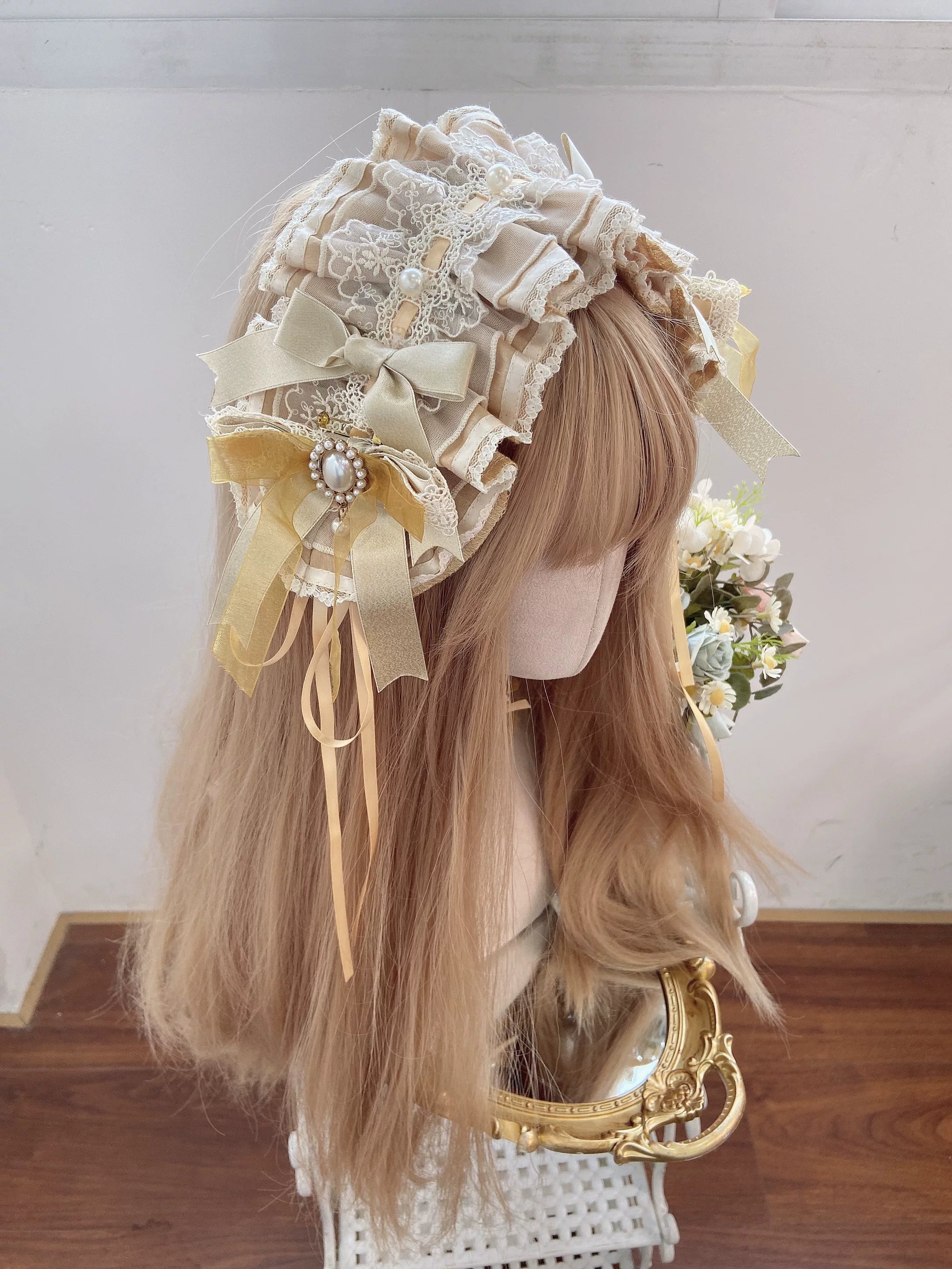 Yellow Blossom & Rose - Sweet Lolita Floral Embroidery JSK, Drawstring Lift-up Hem Yellow - Hairband Only S