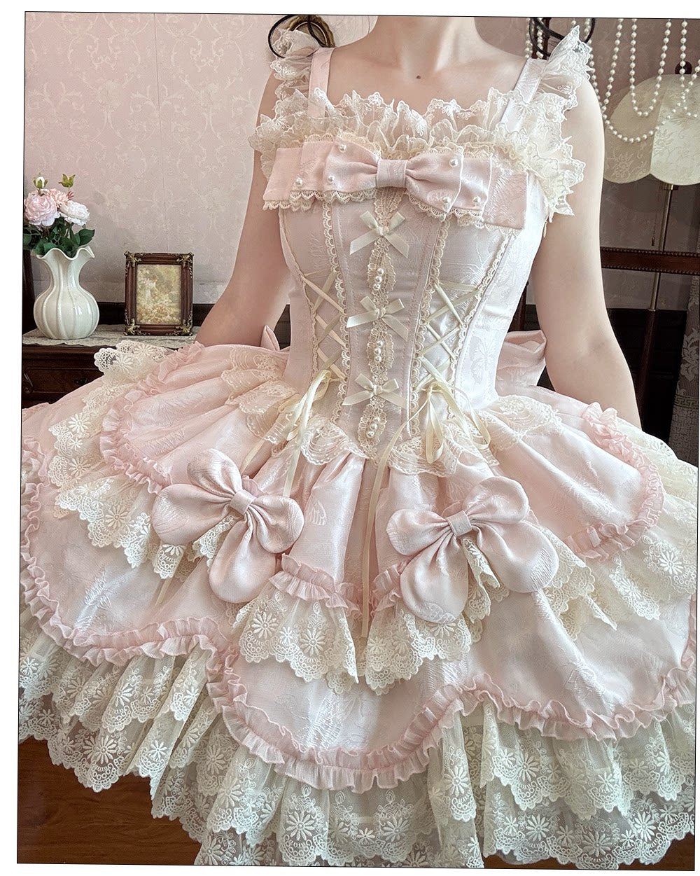 Realm of Sea Moon - Sweet Lolita Jacquard JSK, Boned Waist & Petal-shaped Hem Pink - JSK (with back trailing bow) Only S