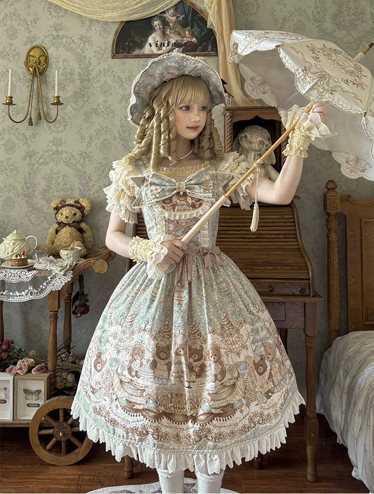 Wendy's Wardrobe - Macaron Bear - Cotton Kawaii Lolita Dress Suit, Bear & Dessert Print