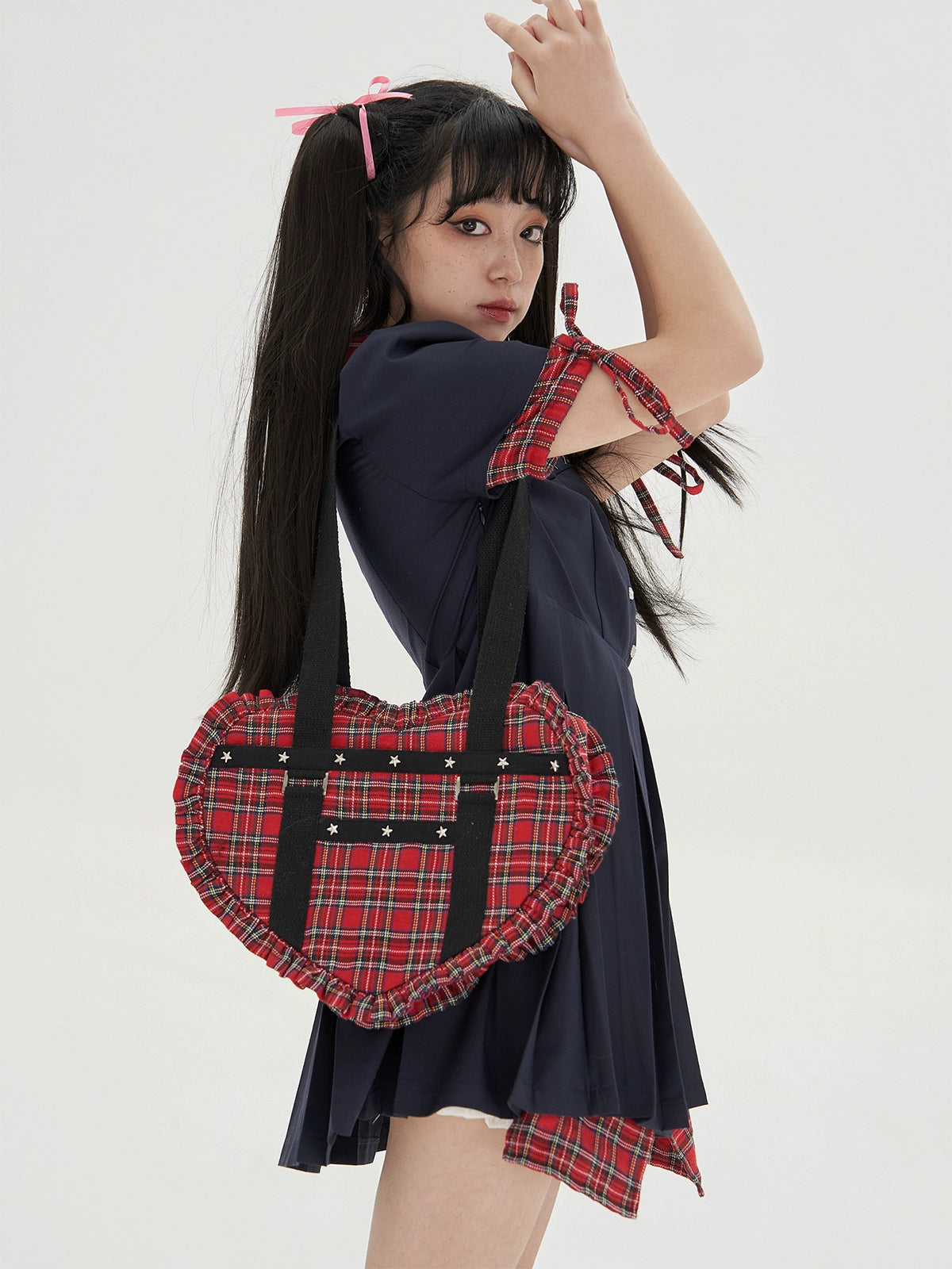 Soso Meme Club - Vintage Lolita Heart Shaped Plaid Dot Print JK Uniform Bag