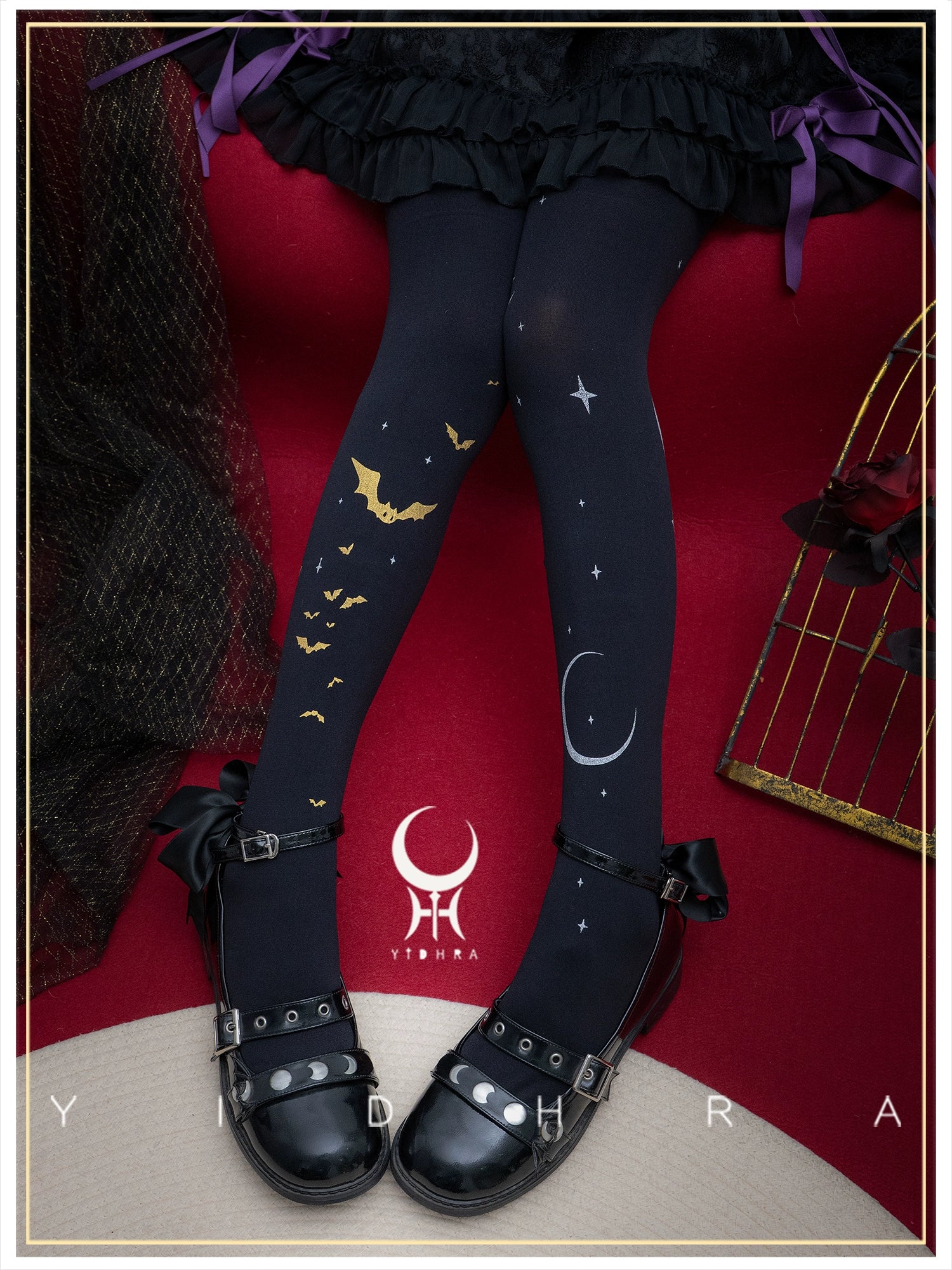 Yidhra - Night of Little Bats - Halloween Gothic Lolita Pantyhose, Bat Print 44059:795334