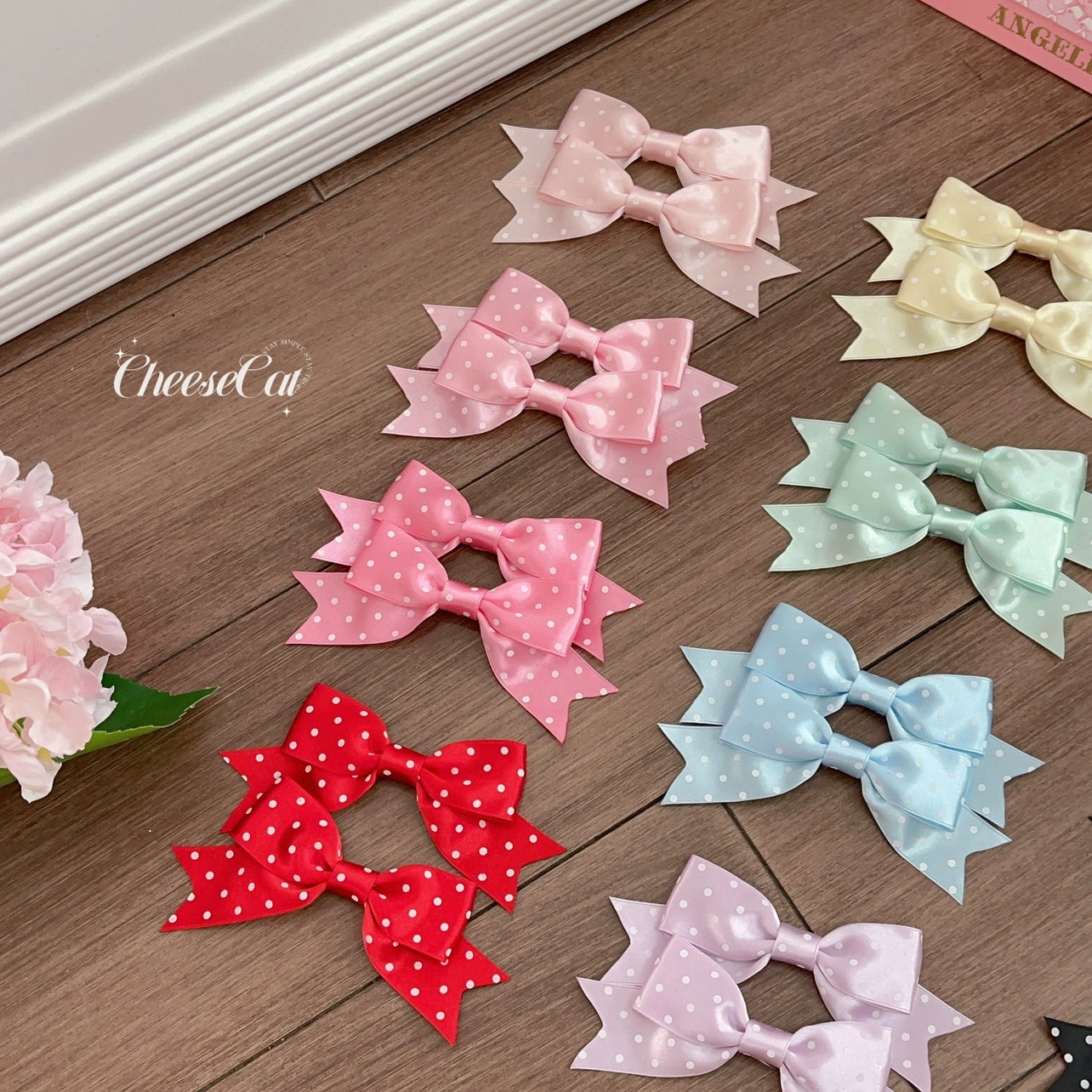 Cheese Cat - Kawaii Lolita Hair Clip Polka Dot Ribbon Bow Clips a bright red hair clip