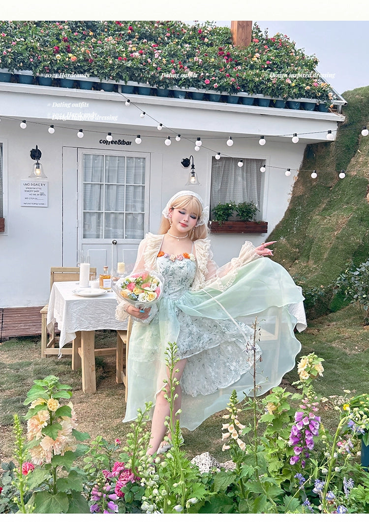 Yingtang - Plus Size Lolita JSK Dress Green Floral Lolita Dress Caidigan Set