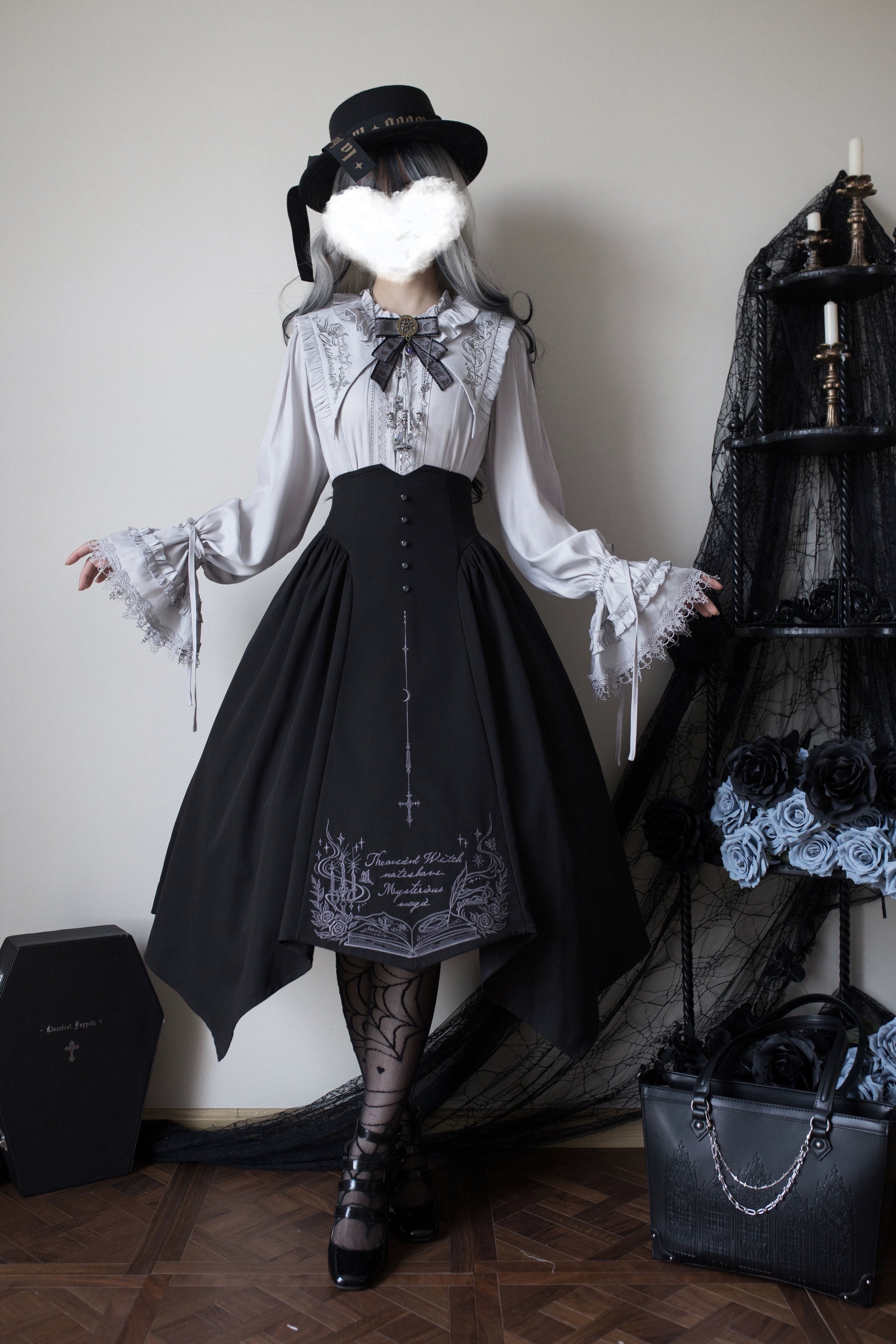 Chris House Lolita - Witch Notes - Gothic Loliat Embroidered Dress Suit, Cross and Rose Print 44096:795019