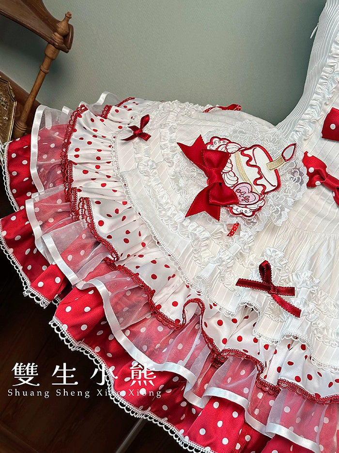 Shuang Sheng Xiao Xiong - Bite The Cake - Sweet Lolita Dress, Red & White Polka Dots 43600:780707