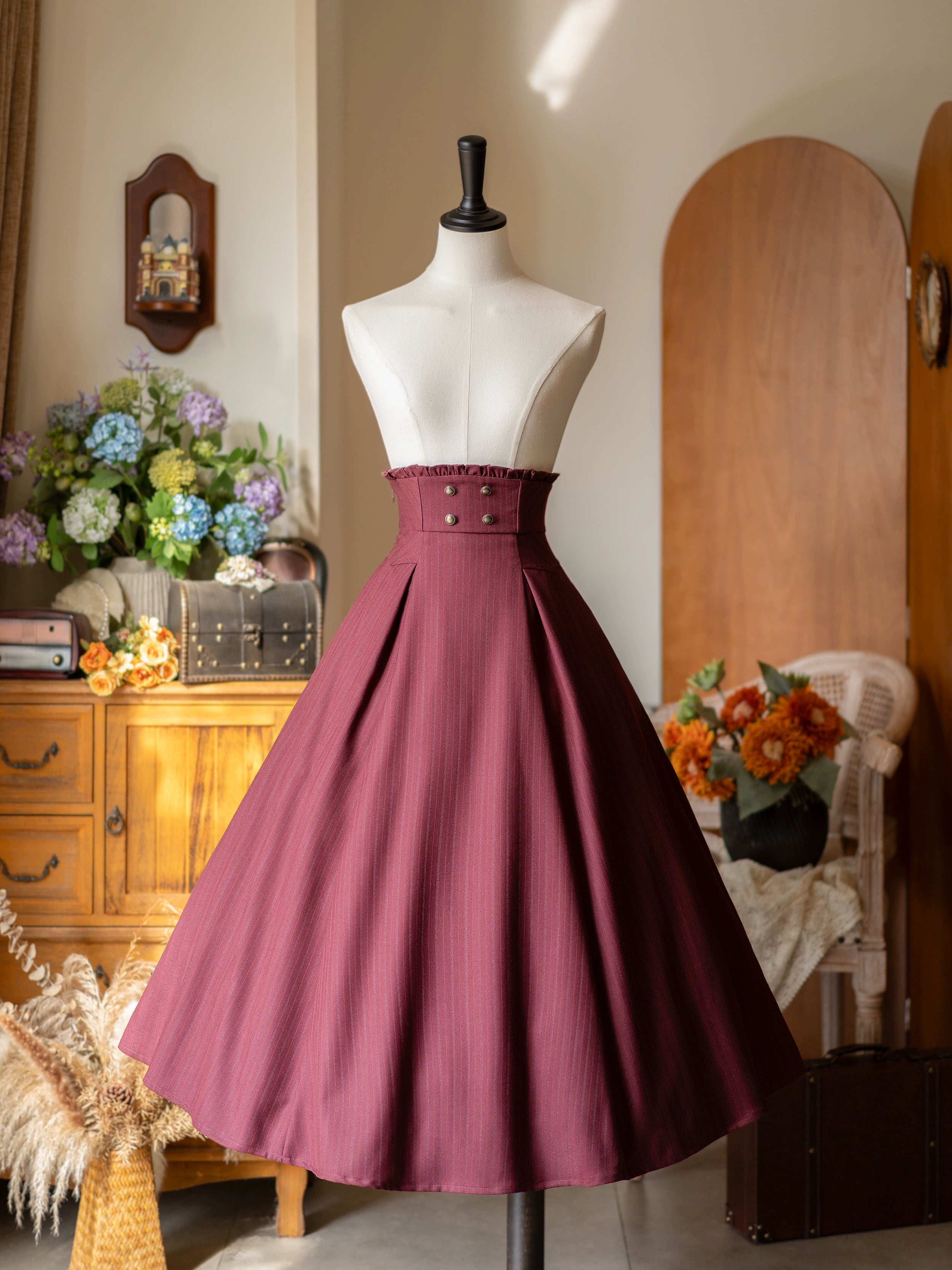 Forest Wardrobe - Forest Log - Classic Lolita Fishbone Striped Skirt, Side Pockets (Burgundy / 2XL L M S XL) 43923:790416