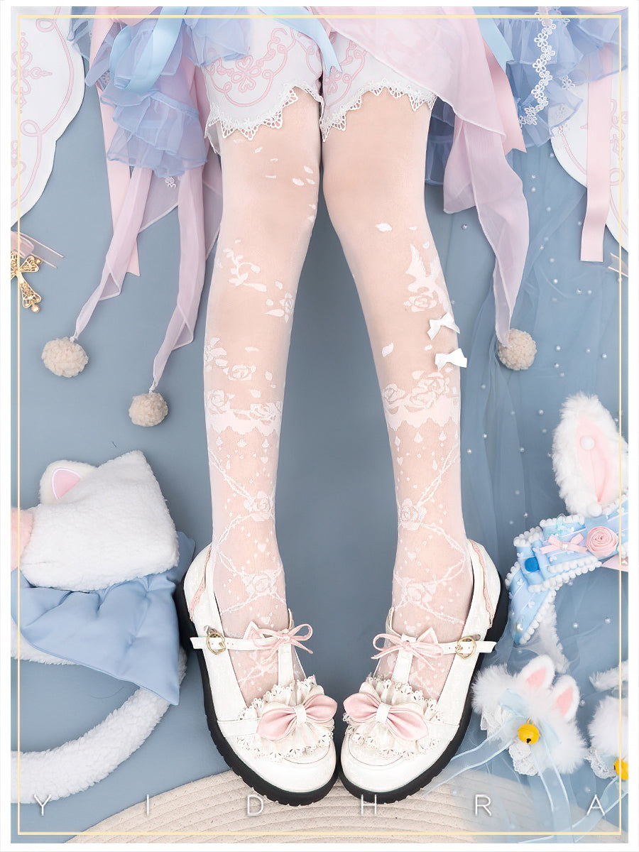 Yidhra - Nightingale and Rose - Elegant Lolita Stereo Flower Thin Tights One Size white normal-thin-silk 20D
