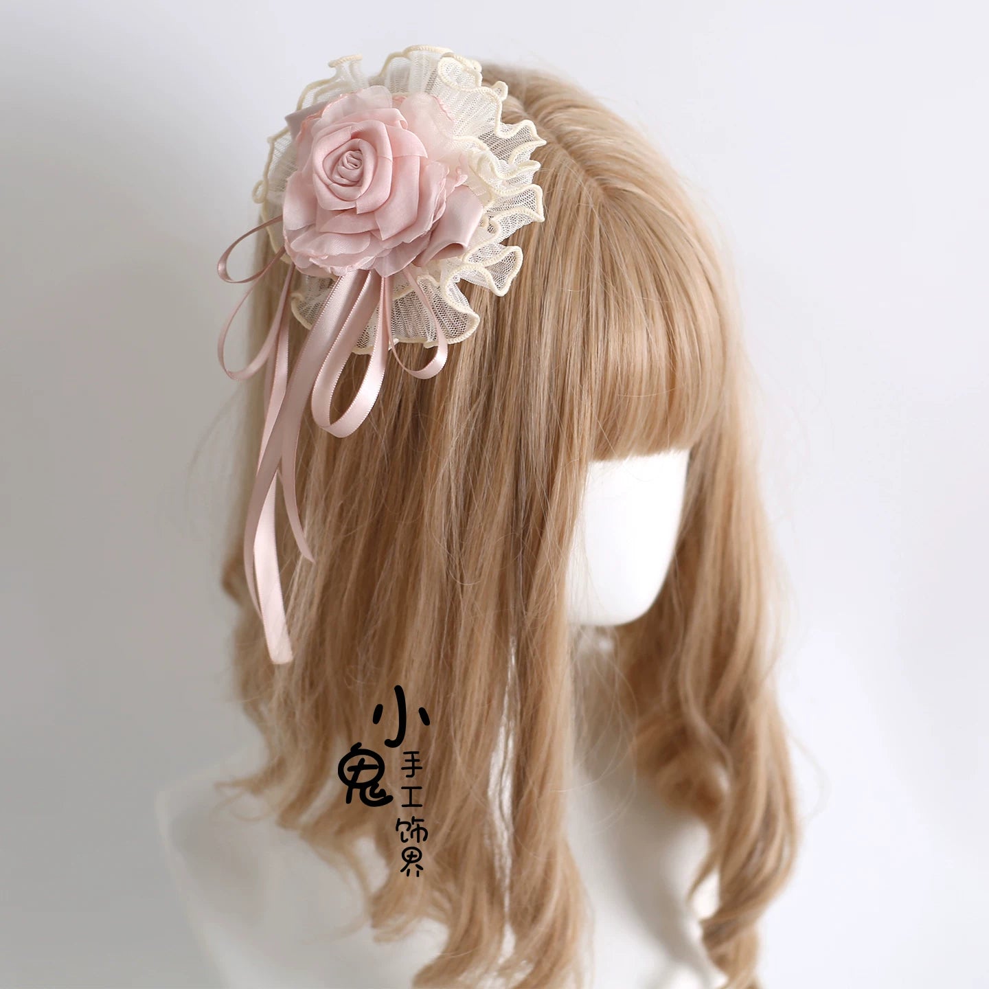 Elegant Champagne Lolita Headdress, Floral & Bows Hanamaru 2-in-1 Brooch Only (with fixed clip)
